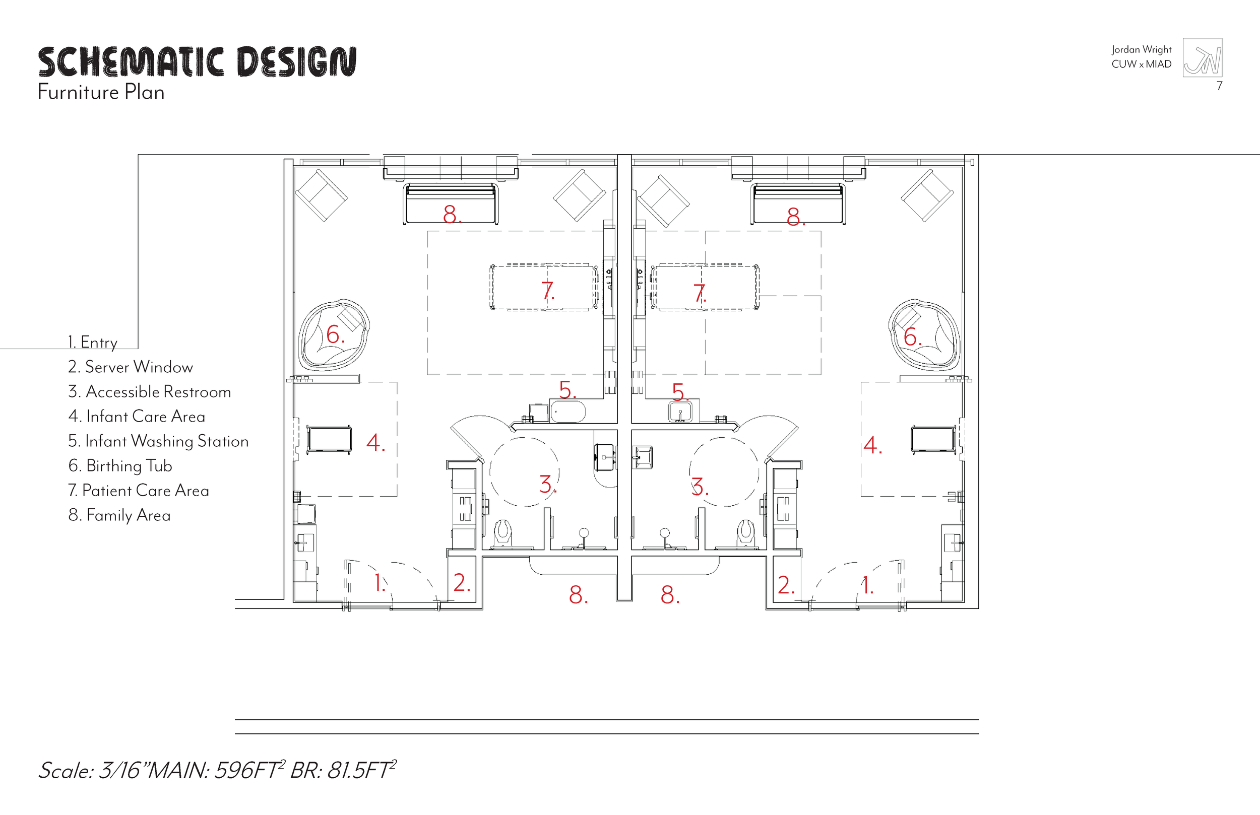 Schematic design of a twin pediatric care unit with labeled areas including entry, server window, accessible restroom, infant care area, infant washing station, birthing tub, patient care area, and family area.