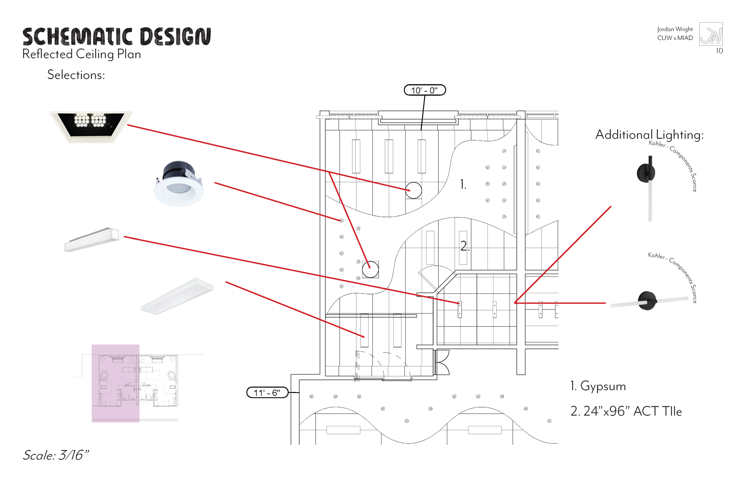 Schematic design of a reflected ceiling plan with lighting and ceiling tiles, including annotations of selections and additional lighting, with a floor plan showing measurements and layout.