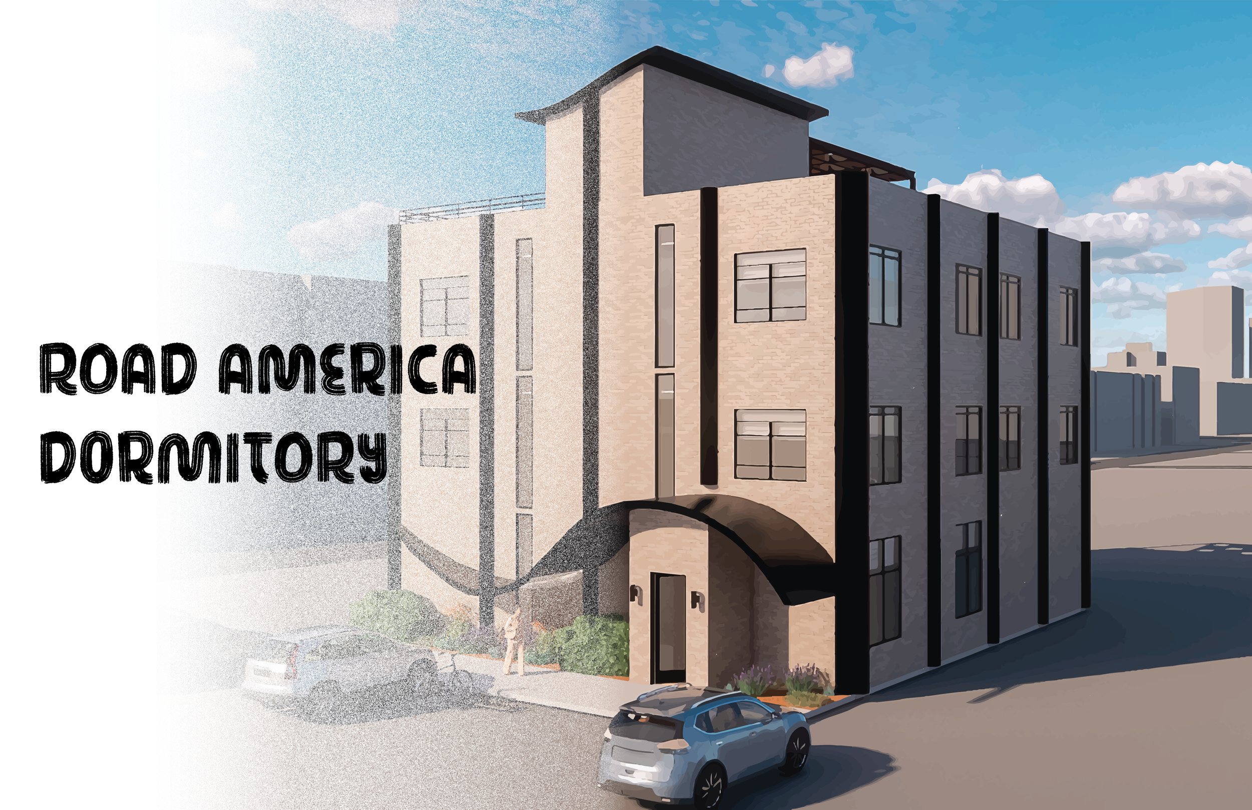 A modern multi-story dormitory building with light-colored brick walls, black accents, and large windows under a blue sky with scattered clouds. Parked cars and a pedestrian are visible in front of the building. Text on the left side reads "Road Amer