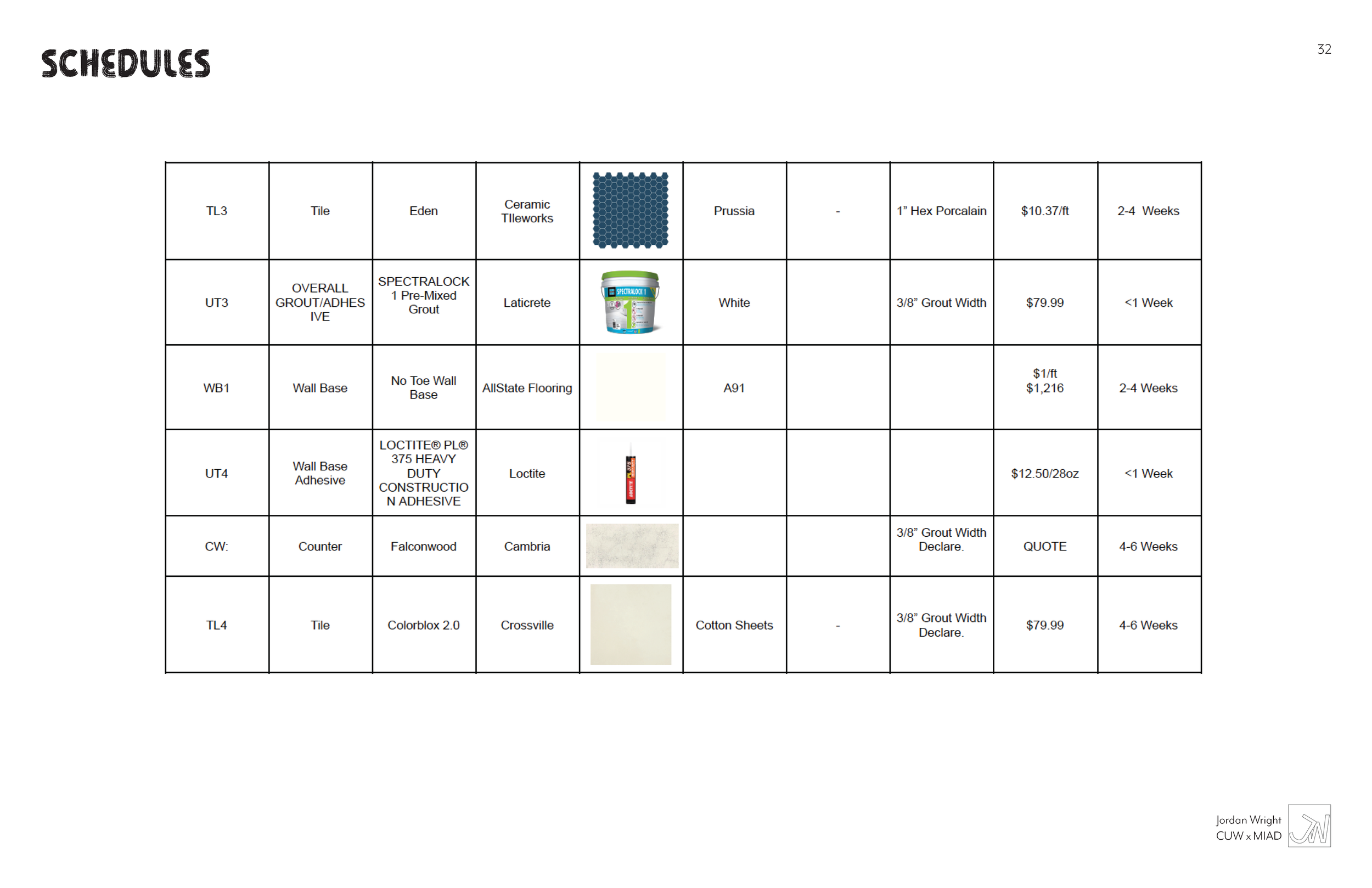Table with construction material schedule, including columns for item number, description, product details, brand, color, size, price, and estimated delivery time. Contains images of tiles, grout, wall base, adhesive, and sheets.