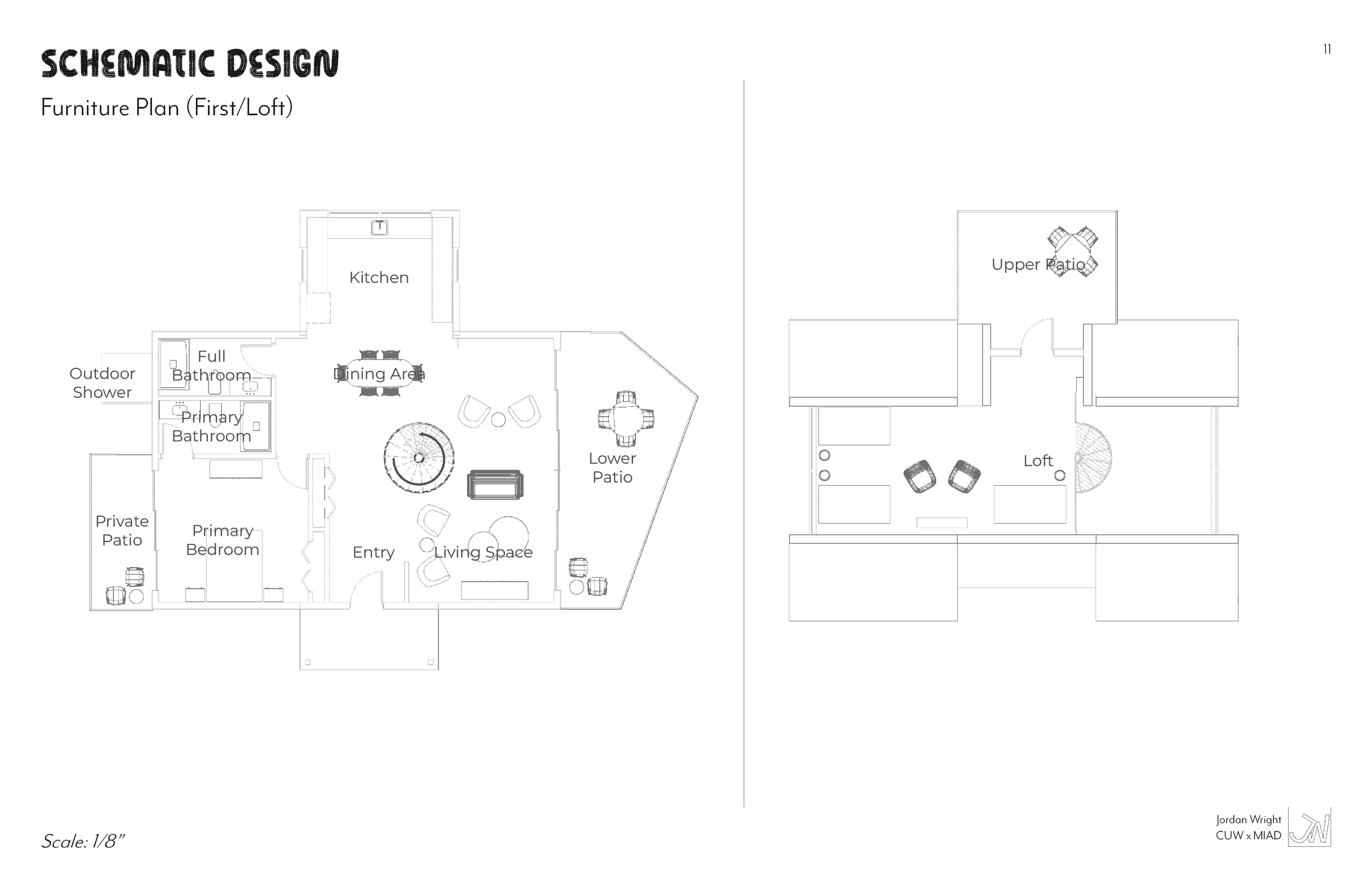 Floor plan of a first/loft level, showing a kitchen, dining area, living space, primary bedroom with private patio, outdoor shower, full and primary bathrooms, and two patios. The loft level has a living area, loft, and upper patio.