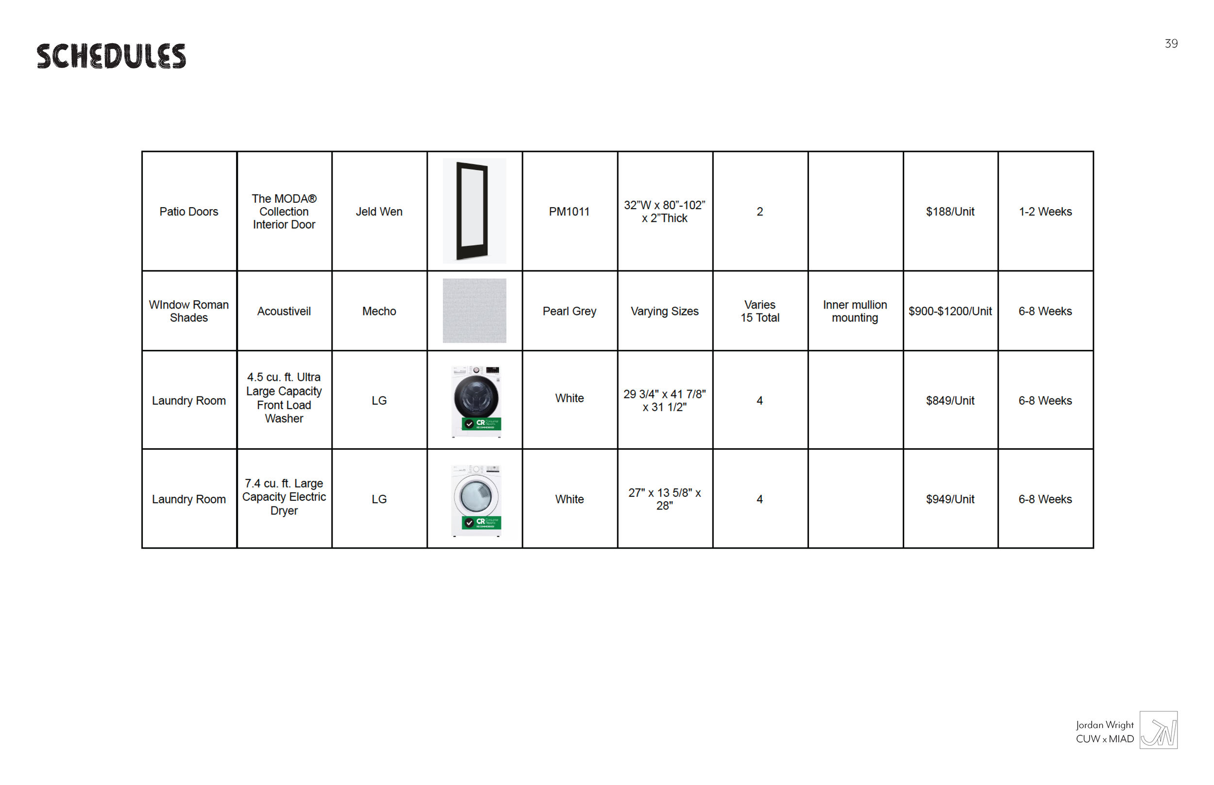 Schedule table listing various home improvement products including patio doors, window shades, and laundry appliances, with specifications, prices, quantities, and lead times.