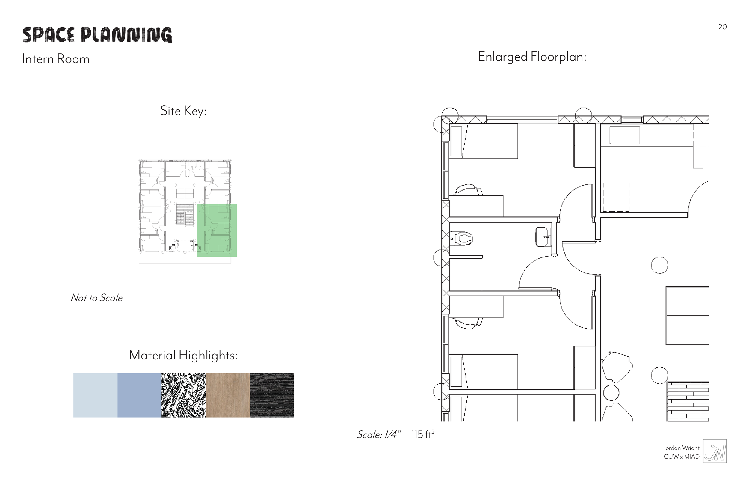 Interior space plan of a room with two beds, two desks, a bathroom, and a sitting area, with landscape details outside the windows.
