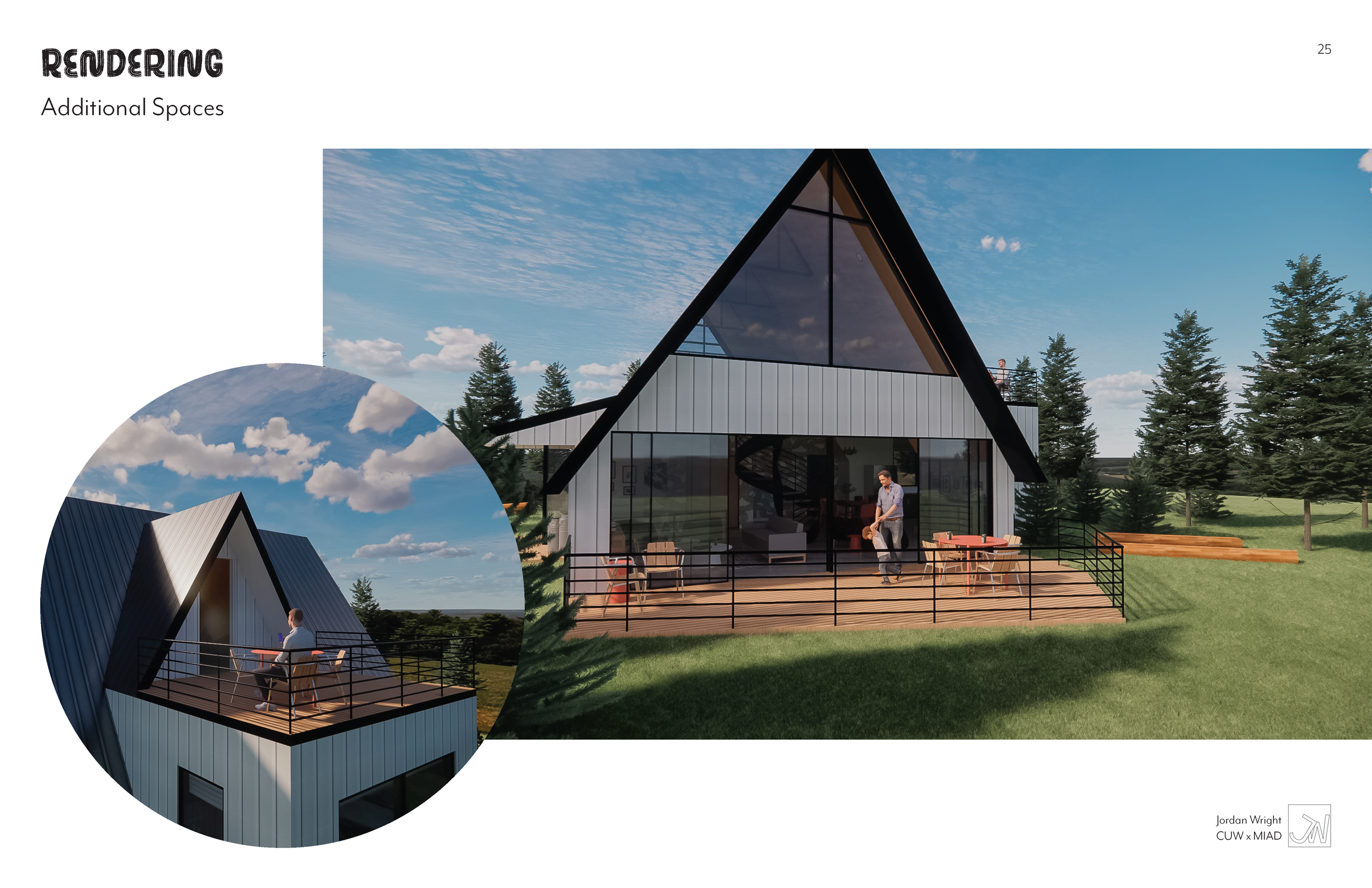 Rendering of a modern A-frame house with a rooftop deck, surrounded by trees and a grassy landscape under a partly cloudy sky.