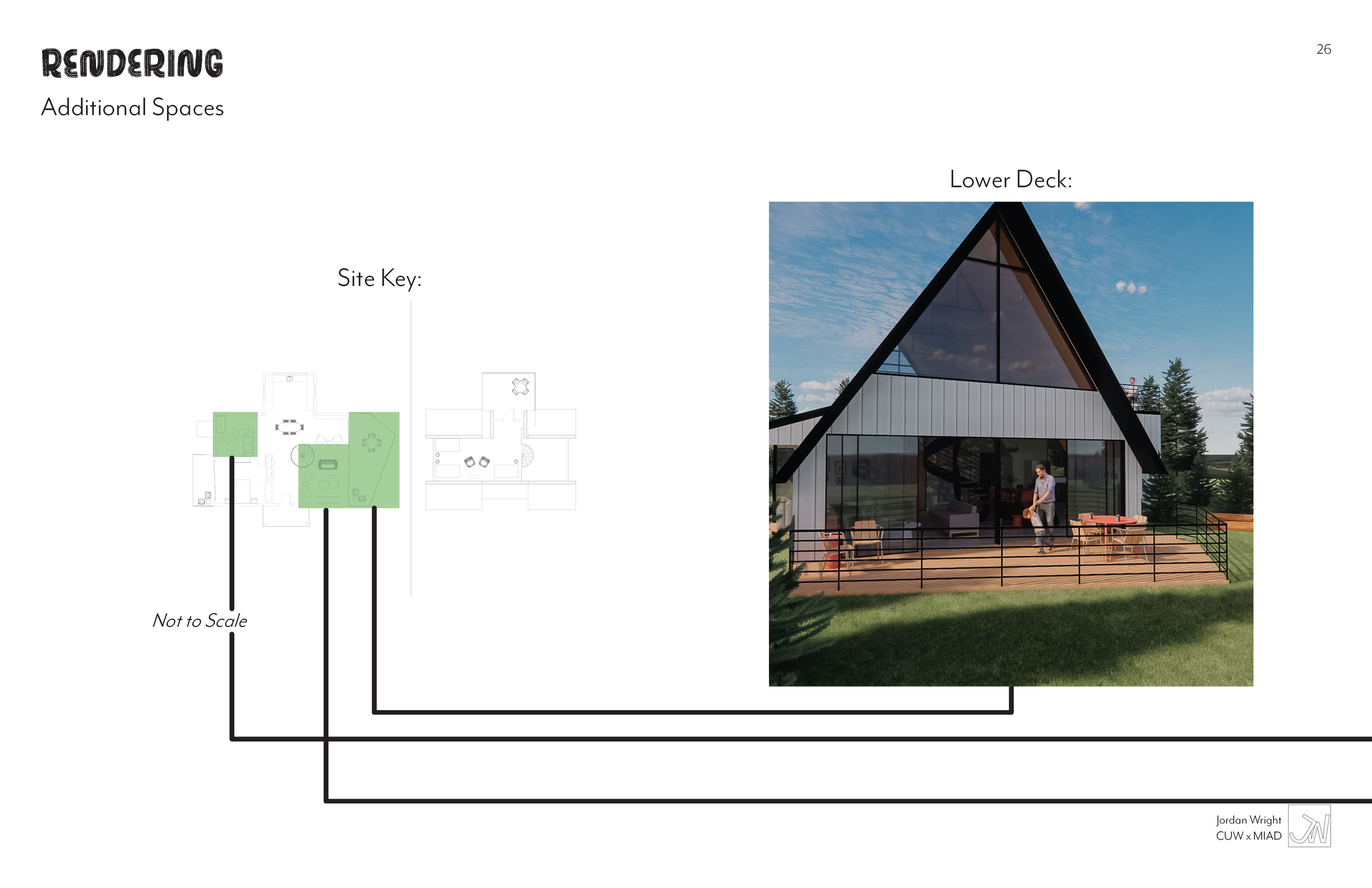 Photo of a modern A-frame house with a large glass front, deck with outdoor furniture, and a person standing on the deck during daytime.