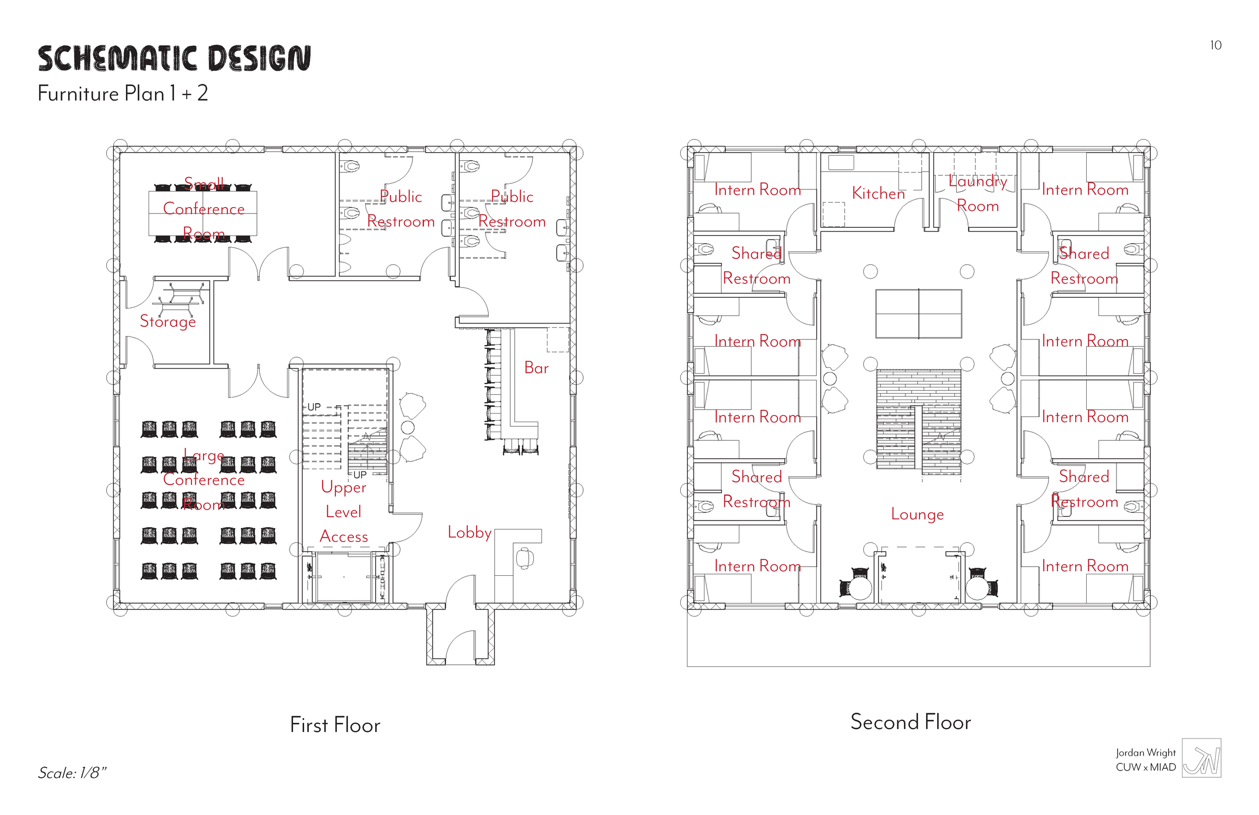 Floor plan of a building with labeled rooms. First floor includes a lobby, large conference room, storage, small conference room, bar, and public restrooms. Second floor has intern rooms, shared restrooms, a lounge, kitchen, laundry room, and additio