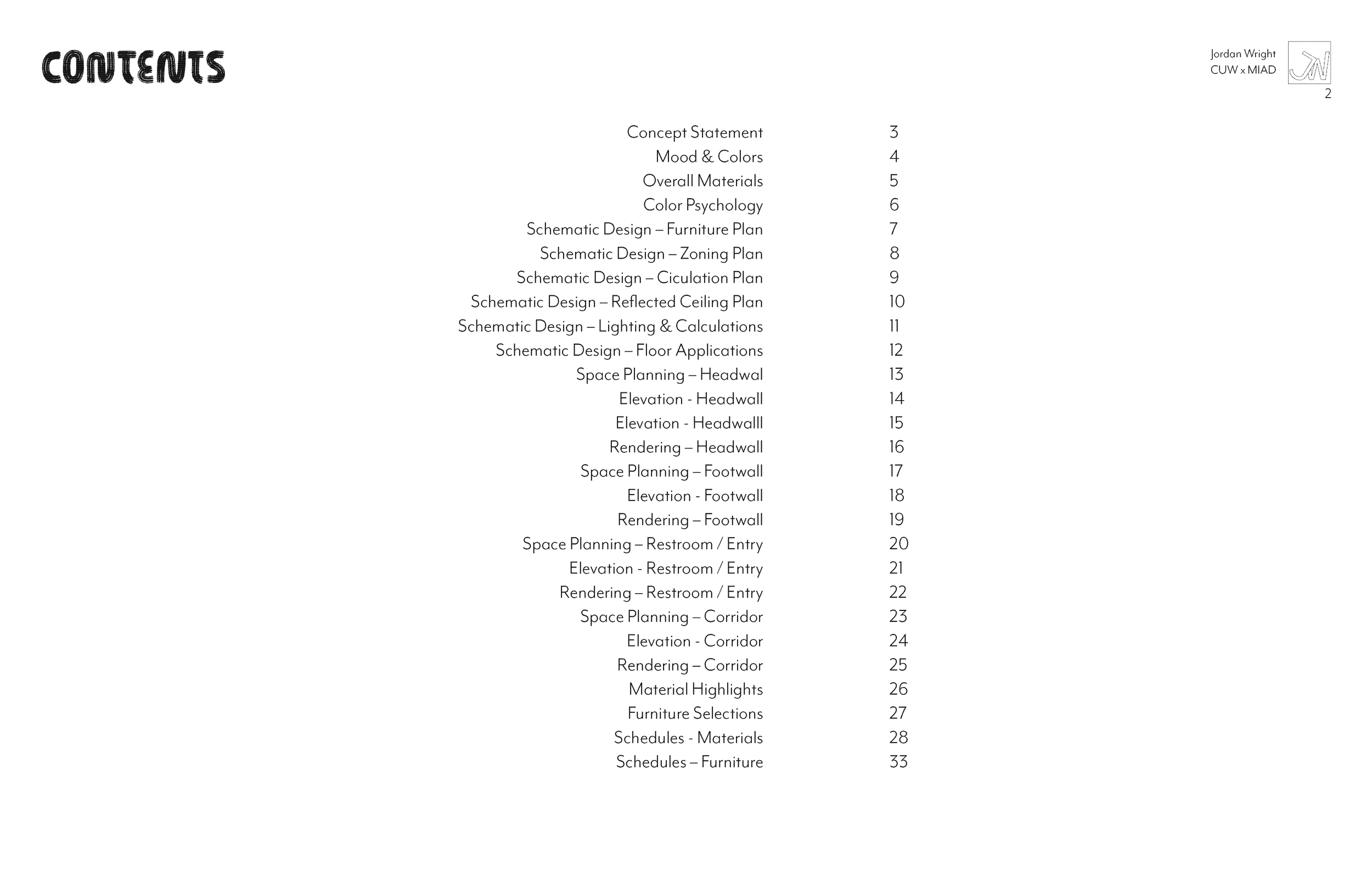 Table of contents page with a list of topics and page numbers. The titles include Concept Statement, Mood & Colors, Overall Materials, Color Psychology, various schematic design plans, space planning, elevation, rendering, space planning, and materia