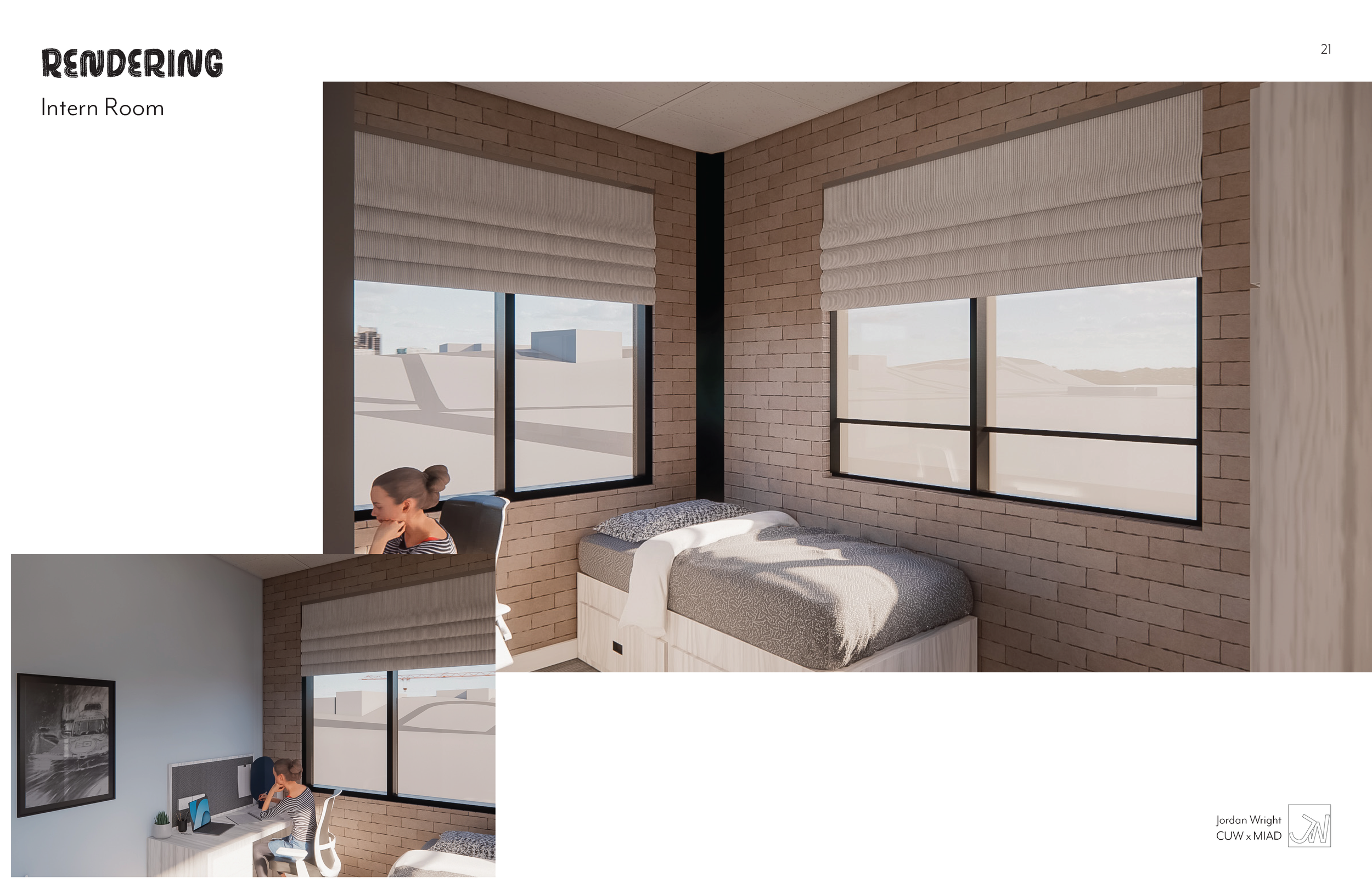 Rendering of a modern, cozy intern room with brick walls, large windows with beige blinds, a bed with gray bedding, and a woman working at a desk with a computer, framed picture, and small plant.
