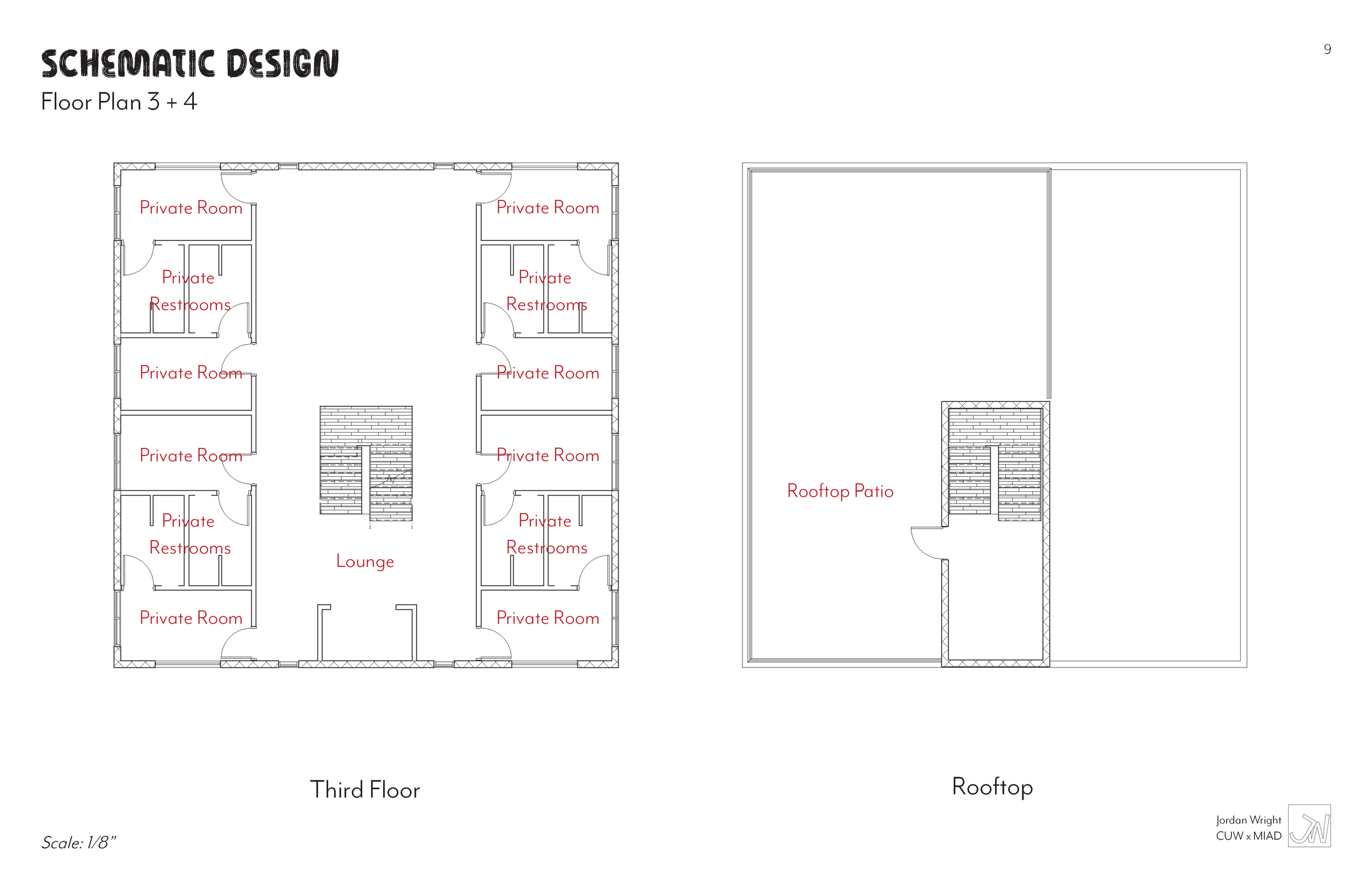 Architectural schematic design floor plan showing the third floor with private rooms, restrooms, and a lounge, and a rooftop patio with stairs in the bottom center.