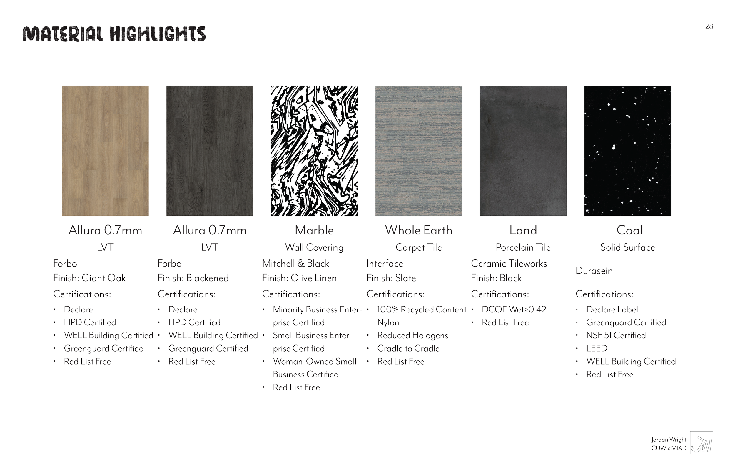Material highlights table showing options for Allura 0.7mm LVT, marble wall covering, Whole Earth carpet tile, land porcelain tile, and coal solid surface, with details on finishes and certifications.