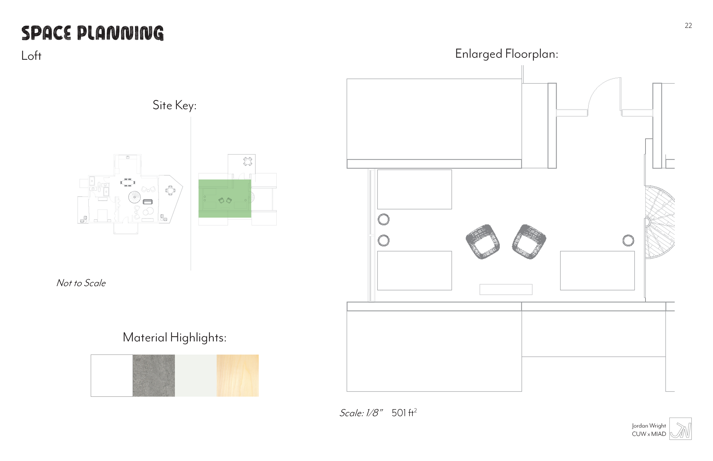 Architectural floor plan of a loft space with an enlarged floor plan view. Includes site key, material highlights, and a scaled drawing of 501 square feet. The drawing features furniture, room layout, and design elements for space planning.