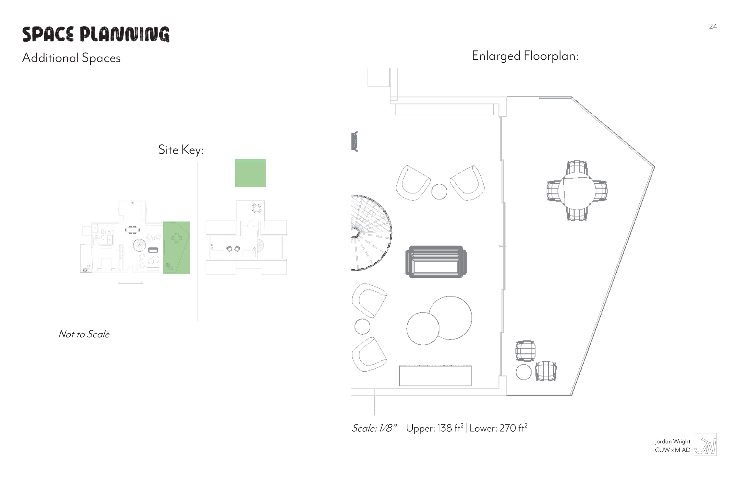 Floor plan labeled 'Space Planning' showing a large outdoor patio with furniture, including a dining table with chairs, a seating area with a sofa and chairs, and various round and rectangular tables. The plan includes a site key with green highlight