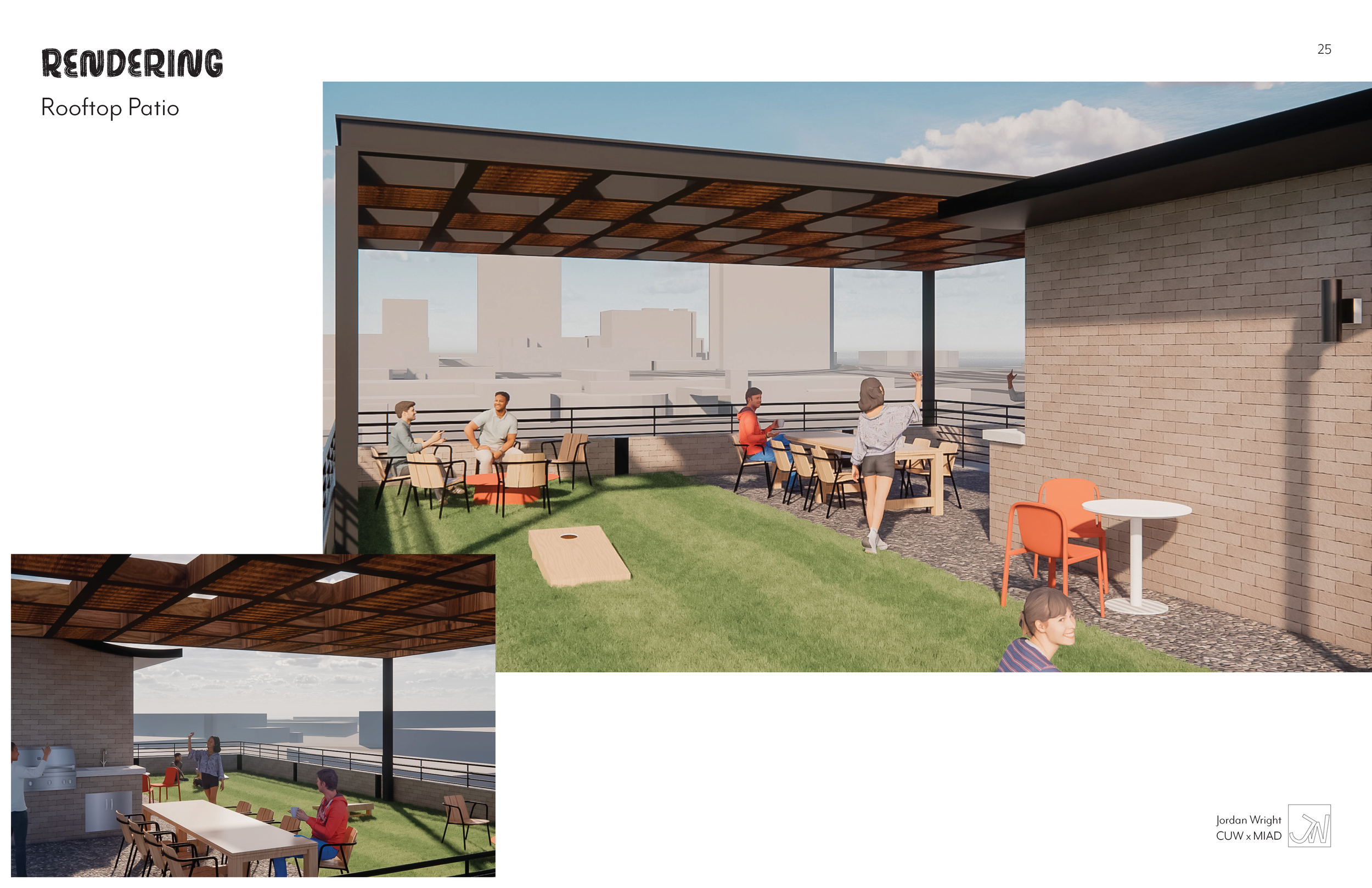 Rendering of a rooftop patio with seating, a grass area, and a wooden pergola, overlooking a cityscape with people socializing.