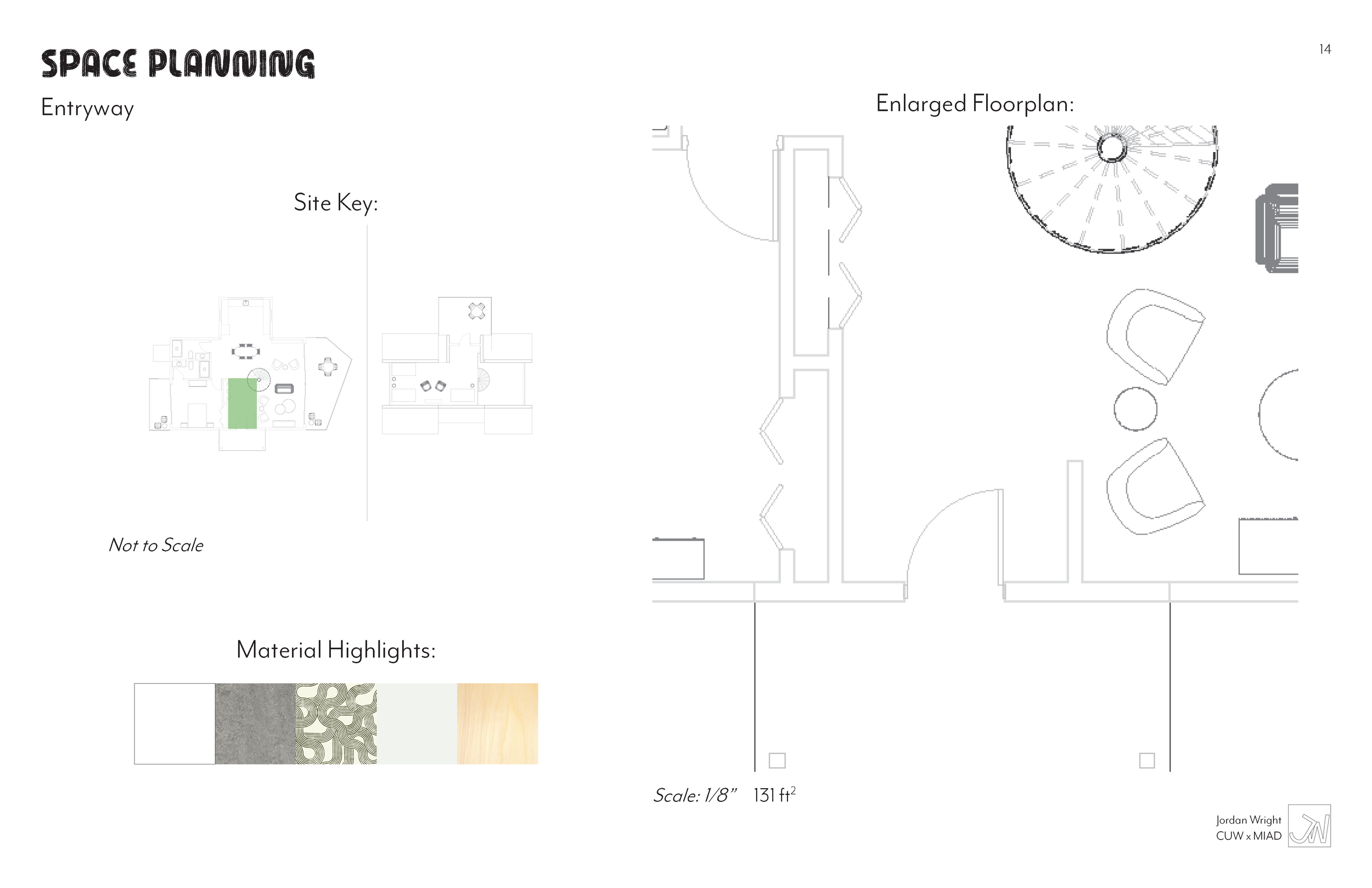 Floor plan of a space station labeled 'Space Planning' with an entryway and an enlarged floor plan. The image includes a site key, material highlights, and a small section with textures. The plan is not to scale, and the total area is 131 square feet