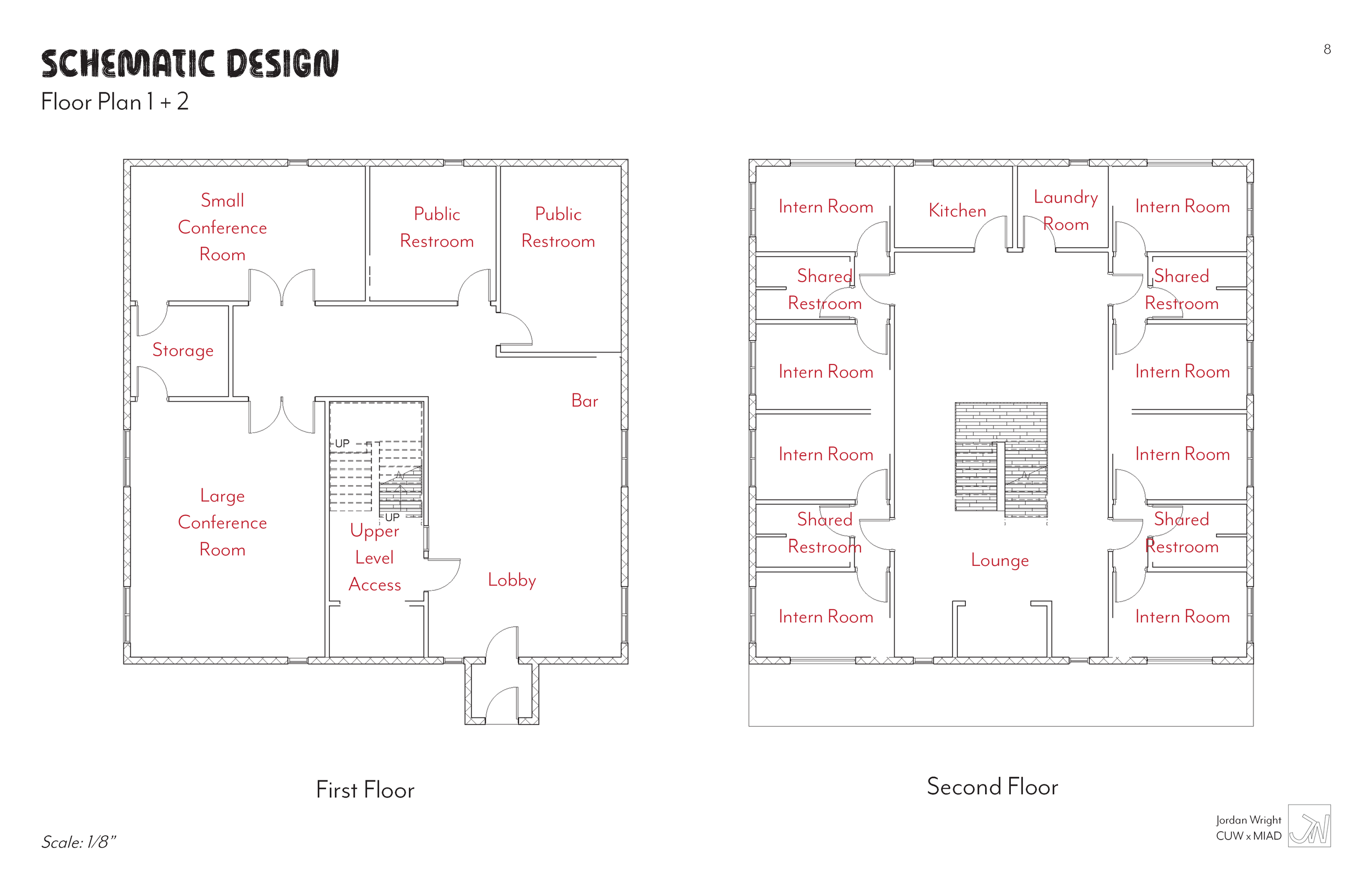 Architectural schematic design blueprint of a two-story building with labels for rooms including conference rooms, restrooms, storage, lobby, bar, lounge, and intern rooms.
