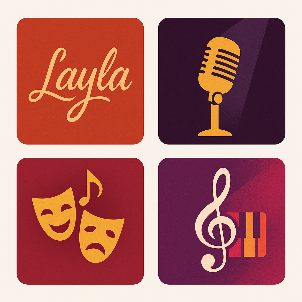 Four icons arranged in a grid. Top left: the name 'Layla' in script font on an orange background. Top right: a yellow vintage-style microphone on a dark purple background. Bottom left: two yellow comedy and tragedy masks, with the comedy mask smiling and the tragedy mask frowning, on a red background. Bottom right: a music note adjacent to a vertical bar with three rectangles, on a red background.
