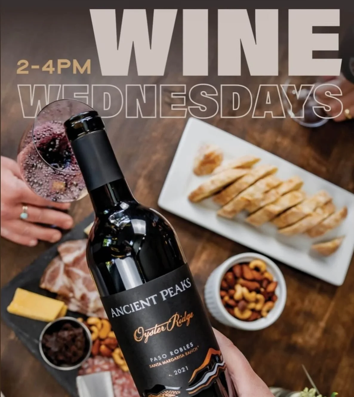 Join us at Ancient Peaks @ancientpeaks for Wine Wednesdays, a relaxed midweek gathering designed for easy enjoyment and great company. Every Wednesday in January (January 7, 14, 21, and 28) from 2:00-4:00pm. Unwind with live music, a complimentary bi
