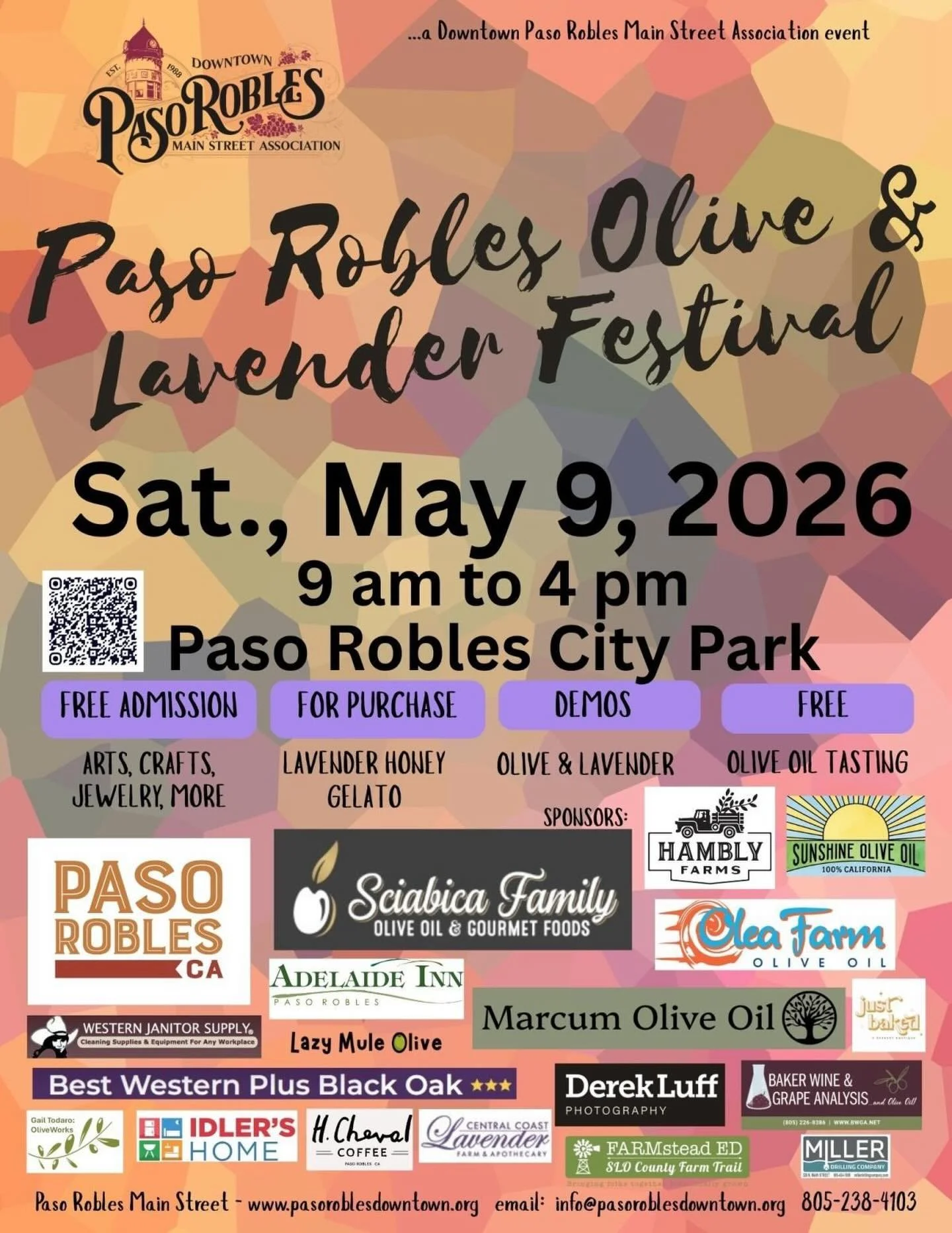 Welcome to the annual joint Paso Robles Olive and Lavender Festival @oliveandlavenderfest on Saturday, May 9, 2026, at the Downtown City Park from 9 am to 4 pm. The Olive Festival is now in its 22nd year and the Lavender Festival started 18 years ago