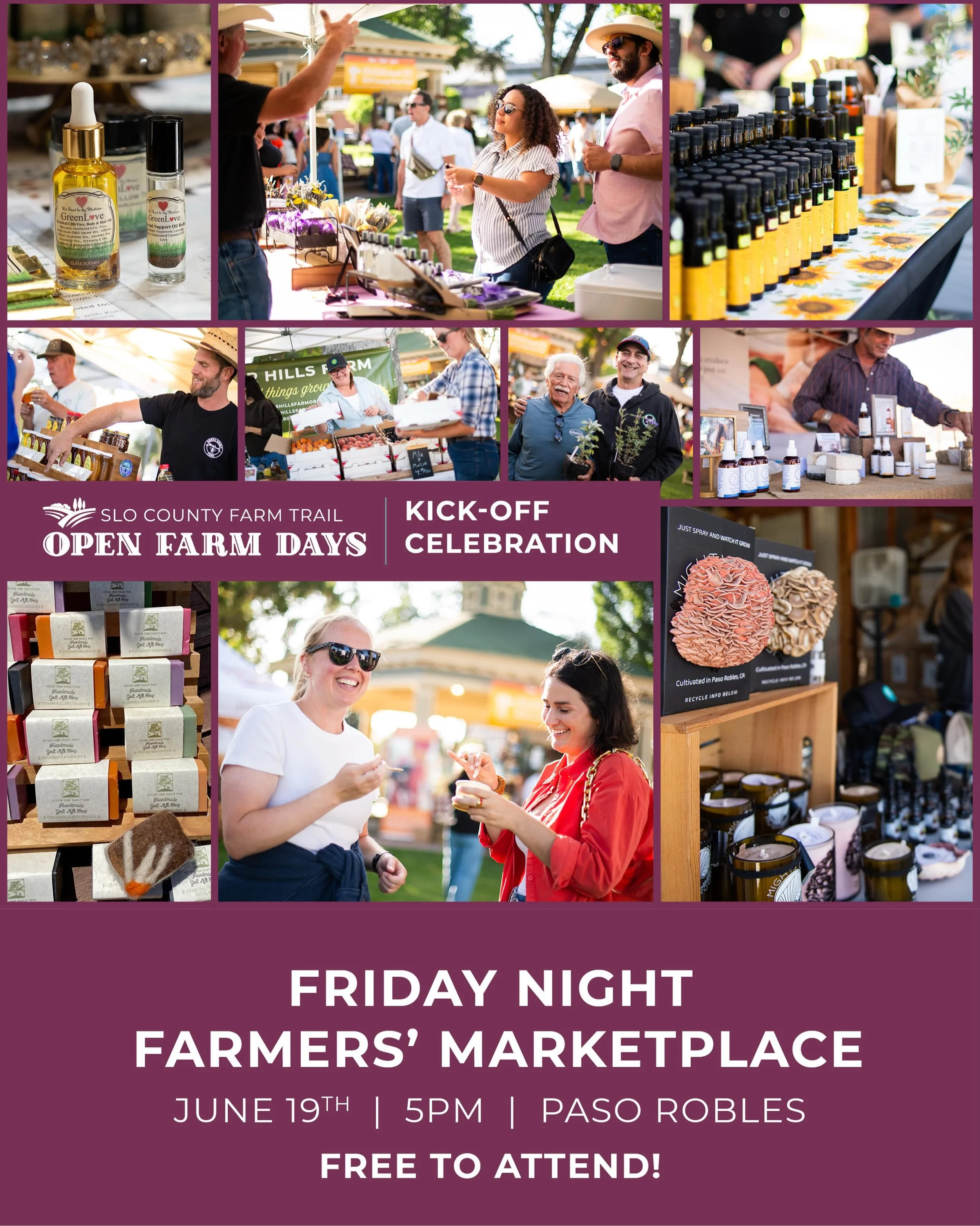 Join us at the Open Farm Days 2026 Kick-off event: Friday Night Farmers&rsquo; Marketplace &ndash; it&rsquo;s FREE to attend!

Friday, June 19th | 5pm
Downtown City Park, Paso Robles
SLO Co Farm Trail farmers, makers and friends will gather at this F