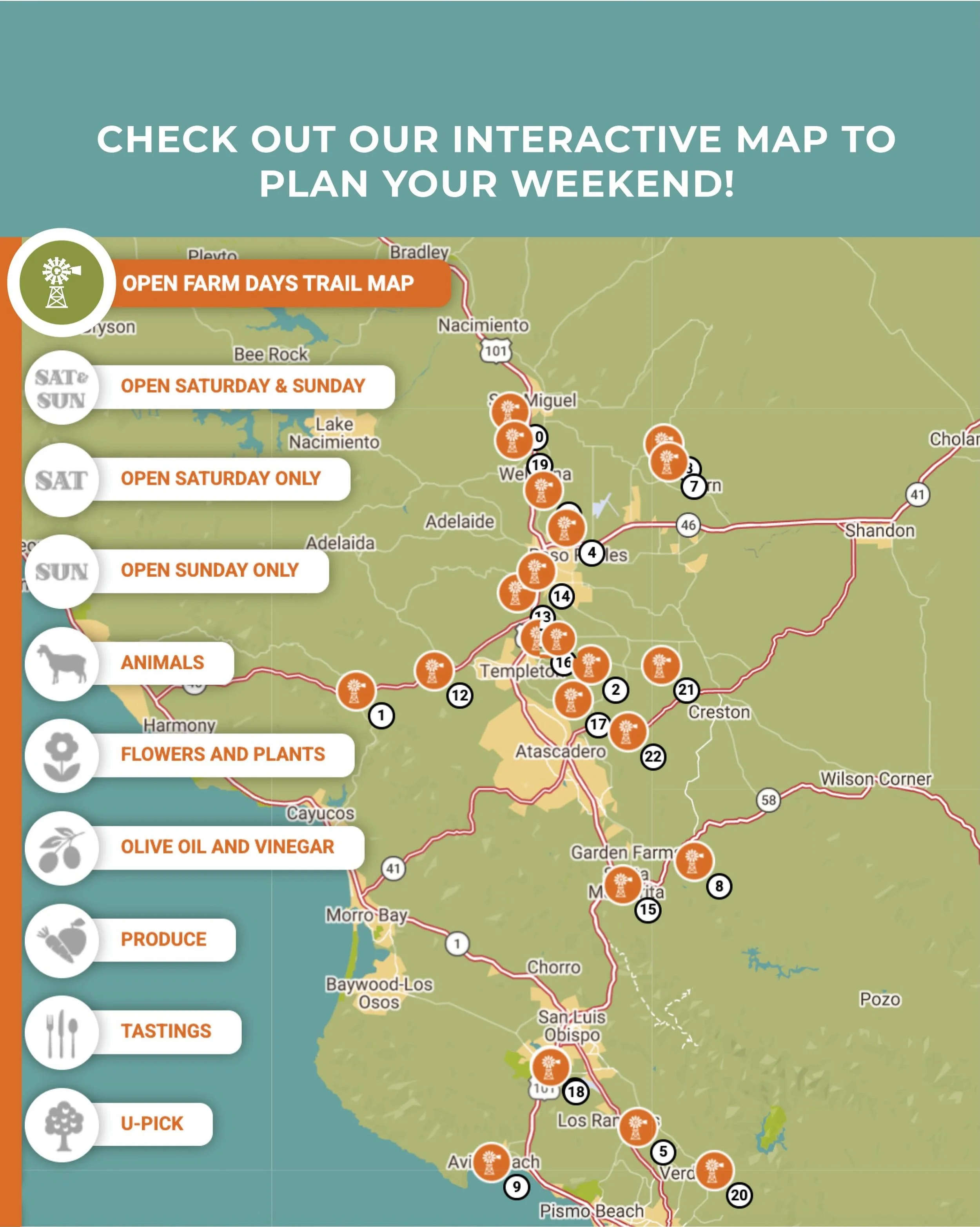 Get your FREE Open Farm Days Weekend tickets &amp; explore the SLO County Farm Trail - check out our interactive Open Farm Days Weekend Trail map to plan your adventure at the link in bio.

The trail map includes ALL the details for each farm&rsquo;s