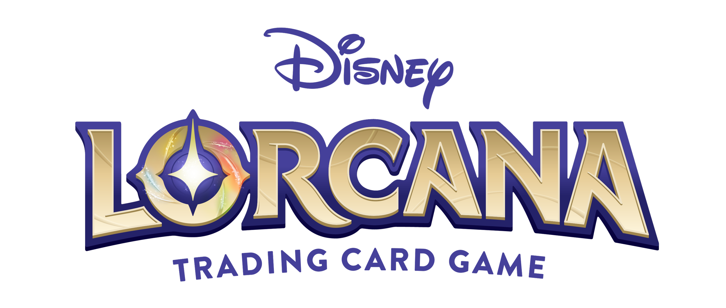 Logo for Disney Lorcana Trading Card Game, featuring the title 'LORCANA' in large gold and blue letters with a colorful, star-shaped emblem inside the 'O', and the words 'Disney' and 'Trading Card Game' above and below.