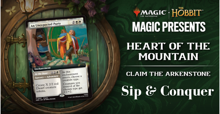 Card titled 'An Unexpected Party' from Magic: The Gathering, featuring a scene with hobbits at the door.