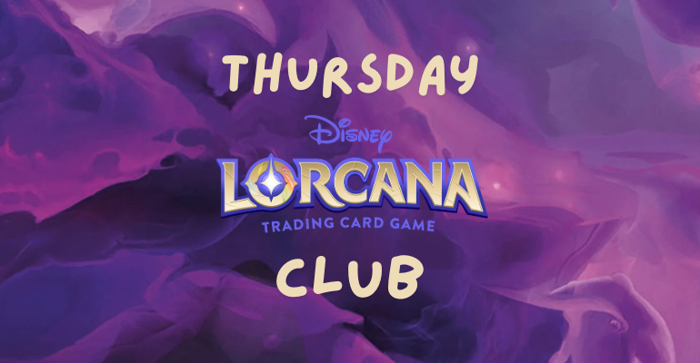 Purple and blue swirling background with text overlay promoting 'Thursday Disney Lorcana Trading Card Game Club'.