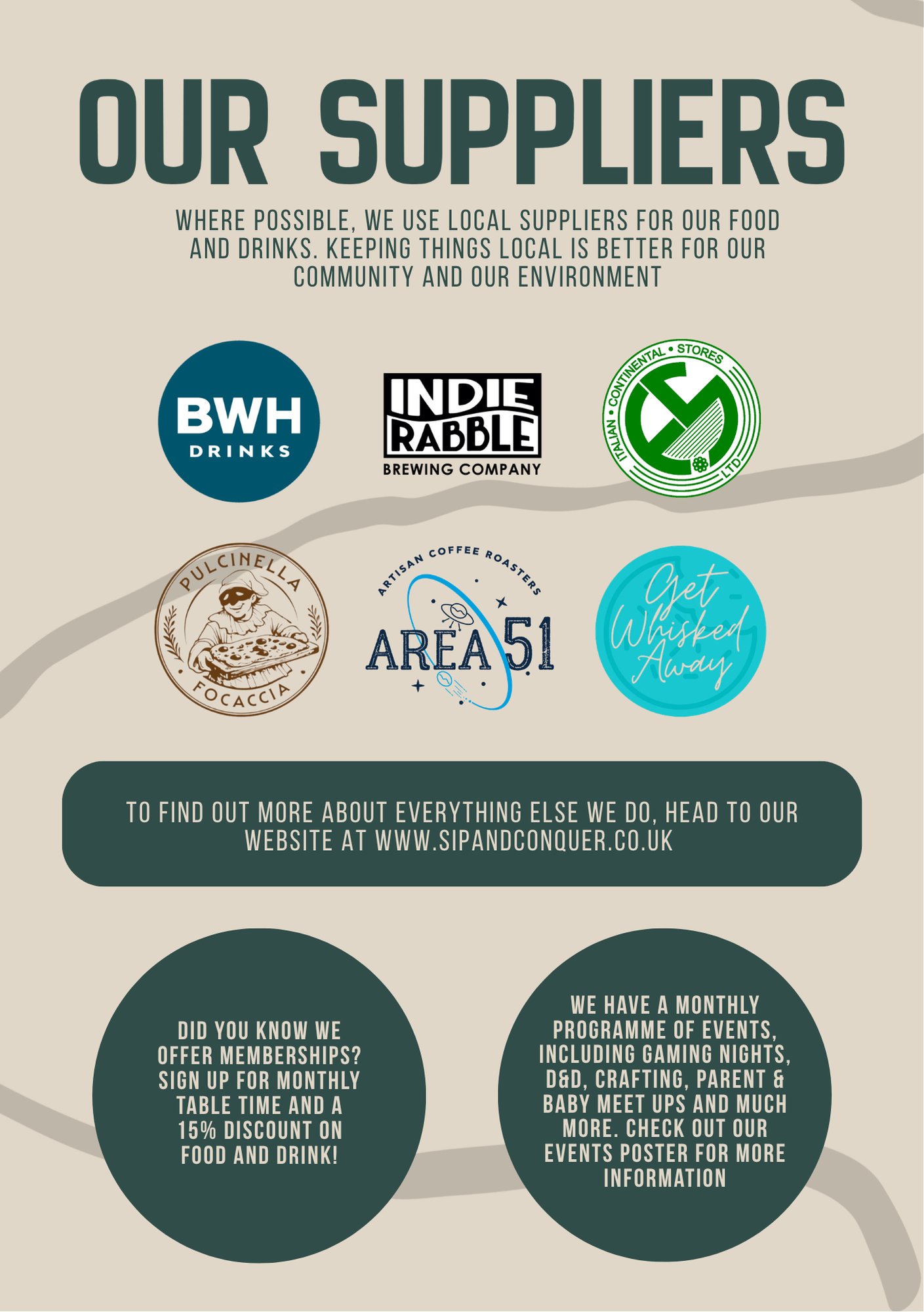 Graphic poster featuring logos of various local food and drink suppliers, including BWH Drinks, Indie Rabble Brewing Company, Italian Continental Stores, Pulcinella Focaccia, Area 51 Artisan Coffee Roasters, and Get Whisked Away, with text about supporting local suppliers and upcoming events.
