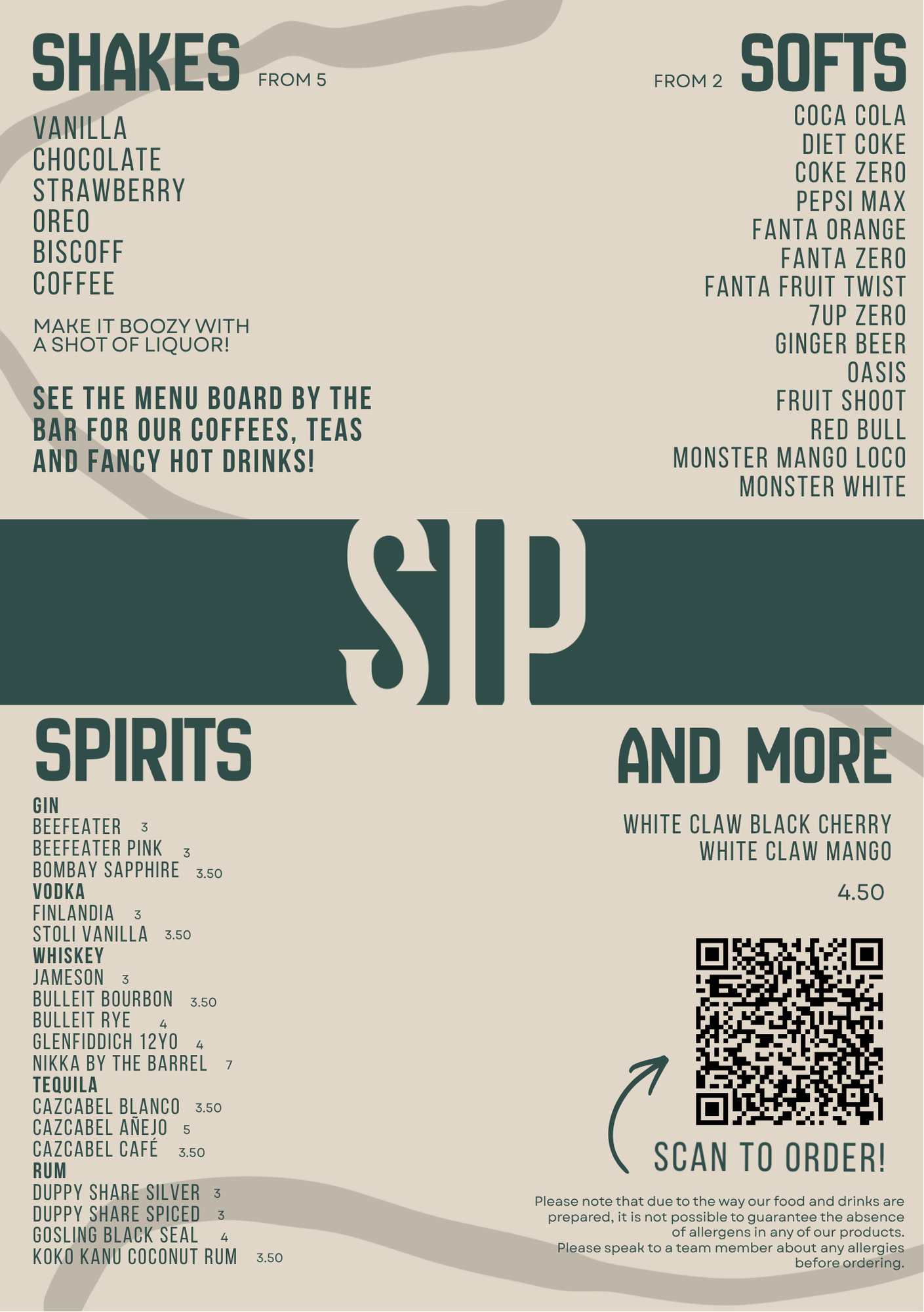 Menu offering a selection of shakes, soft drinks, spirits, and more, with a QR code for ordering.