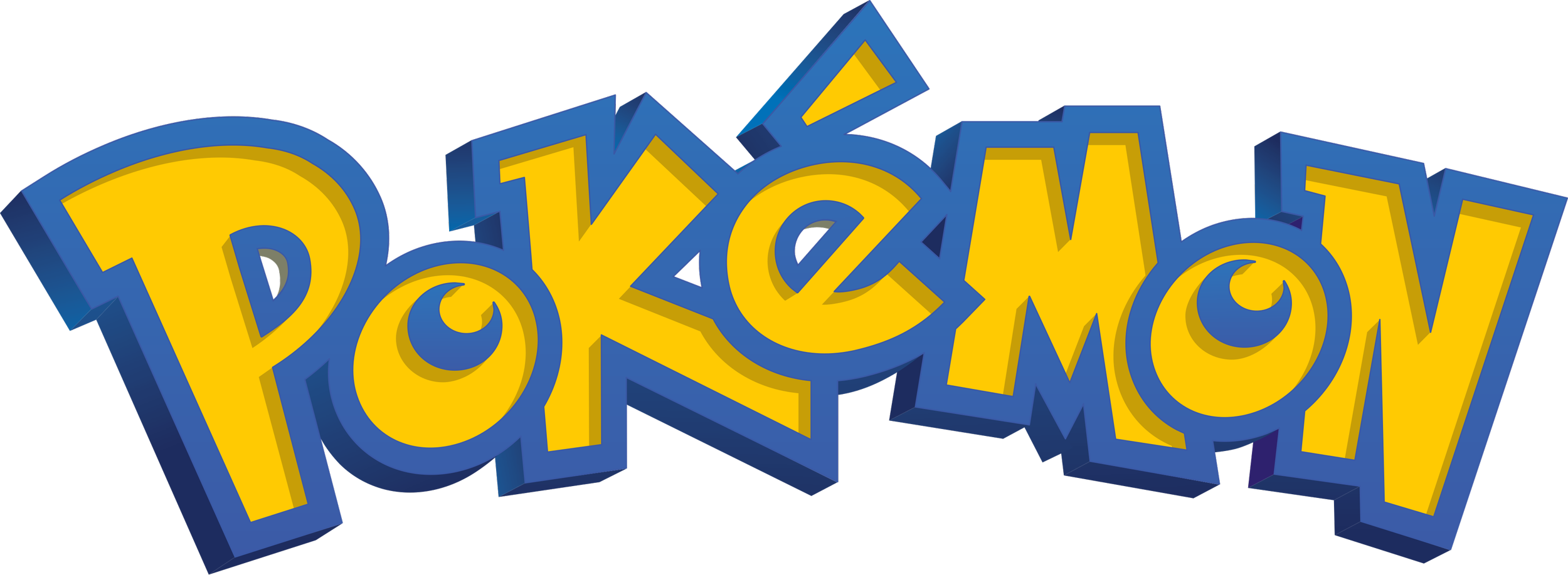 Logo of Pokémon with yellow text and blue outline, stylized in 3D.