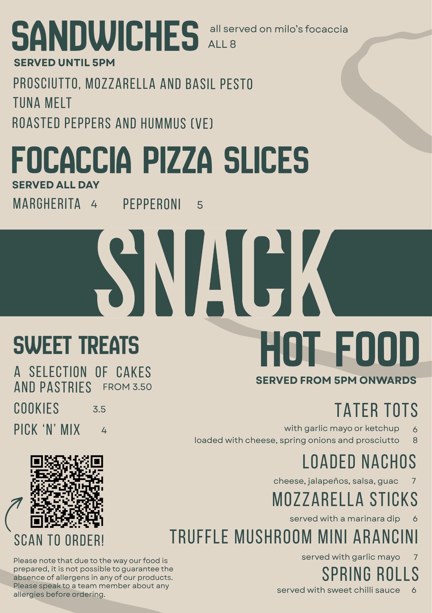 A menu featuring sandwiches, pizza slices, sweet treats, hot food, loaded nachos, mozzarella sticks, truffle mushroom mini arancini, and spring rolls with descriptions and prices. QR code at the bottom left for ordering.