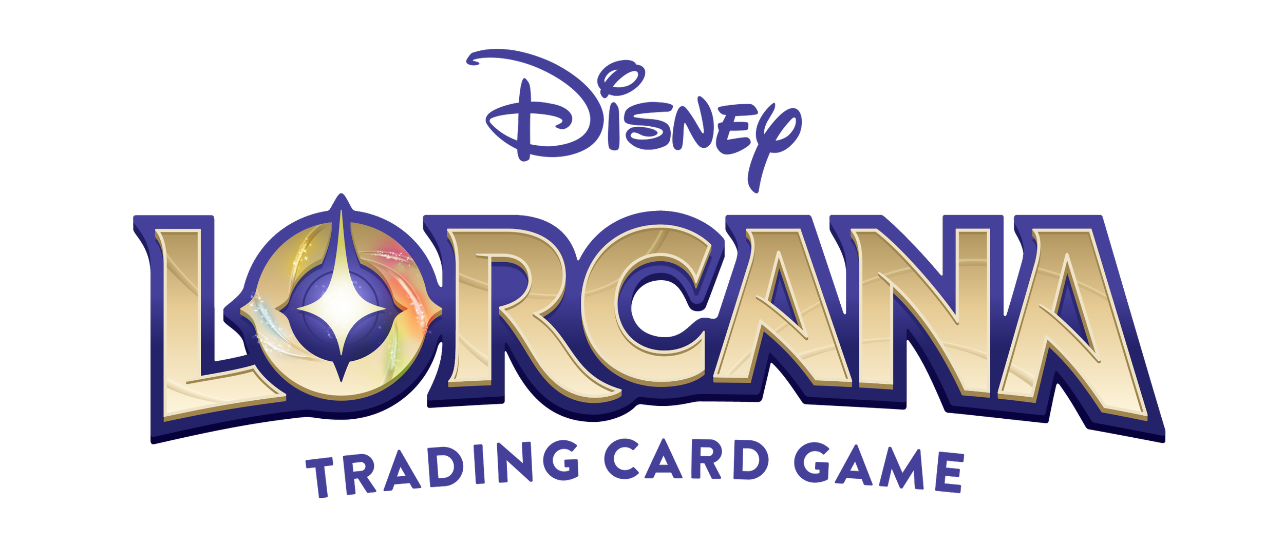 Logo for Disney Lorcana Trading Card Game, featuring the title with a colorful, glowing circle in the 'O' and a dark background.