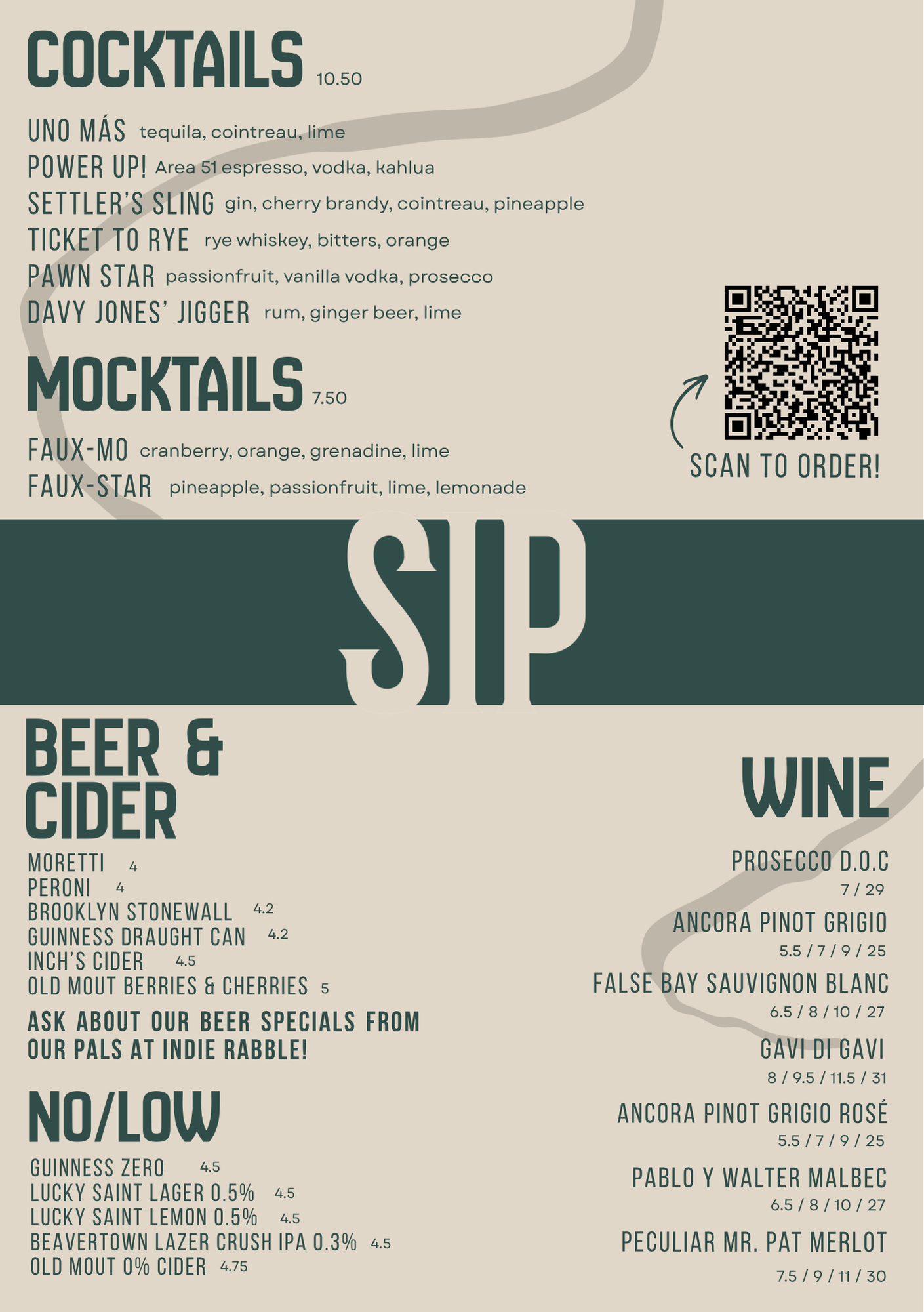 Restaurant menu featuring cocktails, mocktails, beer, cider, wine, and aperitifs, with a QR code for ordering.