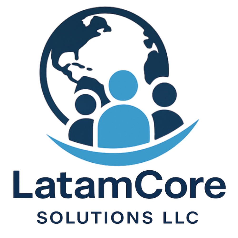 Logo of LatamCore Solutions LLC, featuring a globe with a map of the Americas, three stylized community figures, and the company name in bold letters.