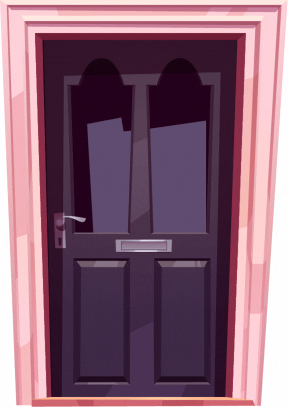 Porte noire avec vitre en haut et cadre rose, vue de face.