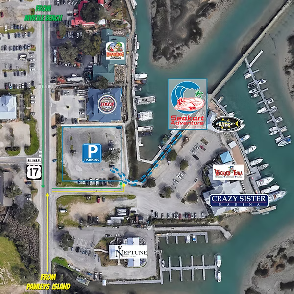 Aerial map of a marina showing businesses including Crazy Sister Marina. Parking lot, boat docks, water, and surrounding roads are visible, with directions. This is The Marsh Walk located in Murrells Inlet, SC.