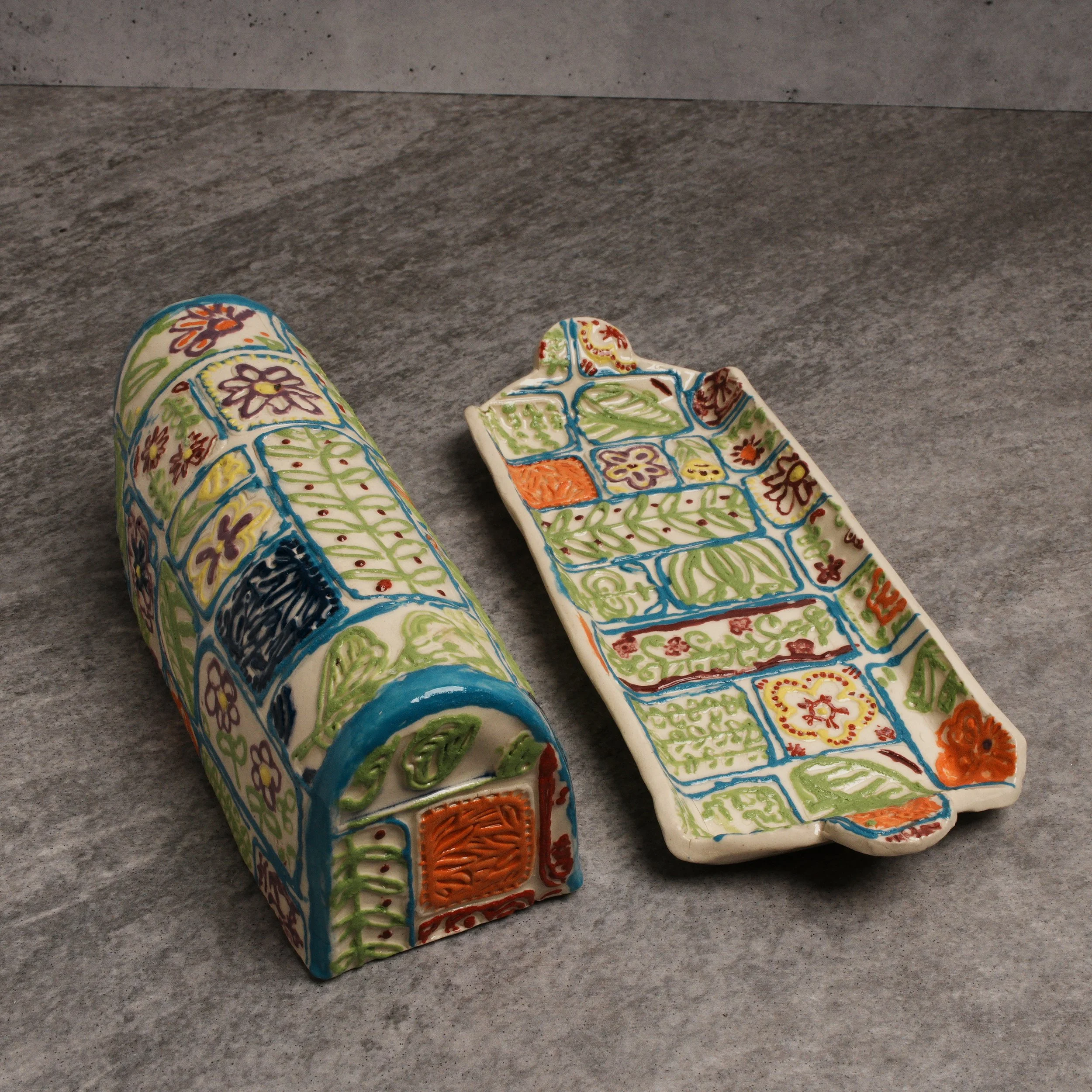 HandBuilt Textured HandPainted Butter Dish Deco-145a