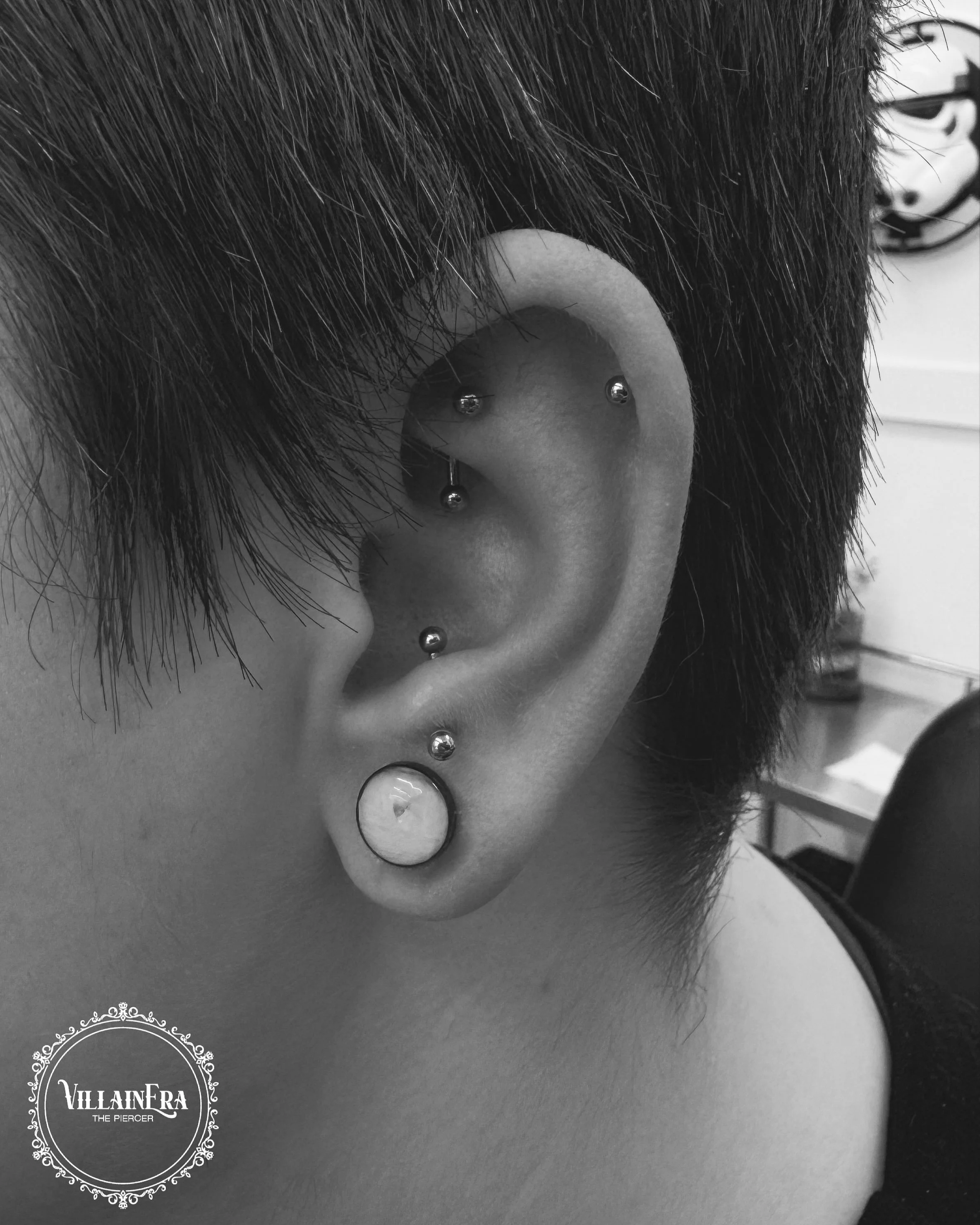 Close-up of a person's ear with multiple piercings, including a large gauge earring and several smaller studs, with short, dark hair above.