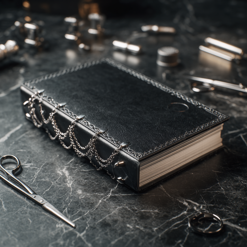 A black leather-bound notebook with a silver chain decoration on the spine, surrounded by jewelry and jewelry tools on a dark marble surface.