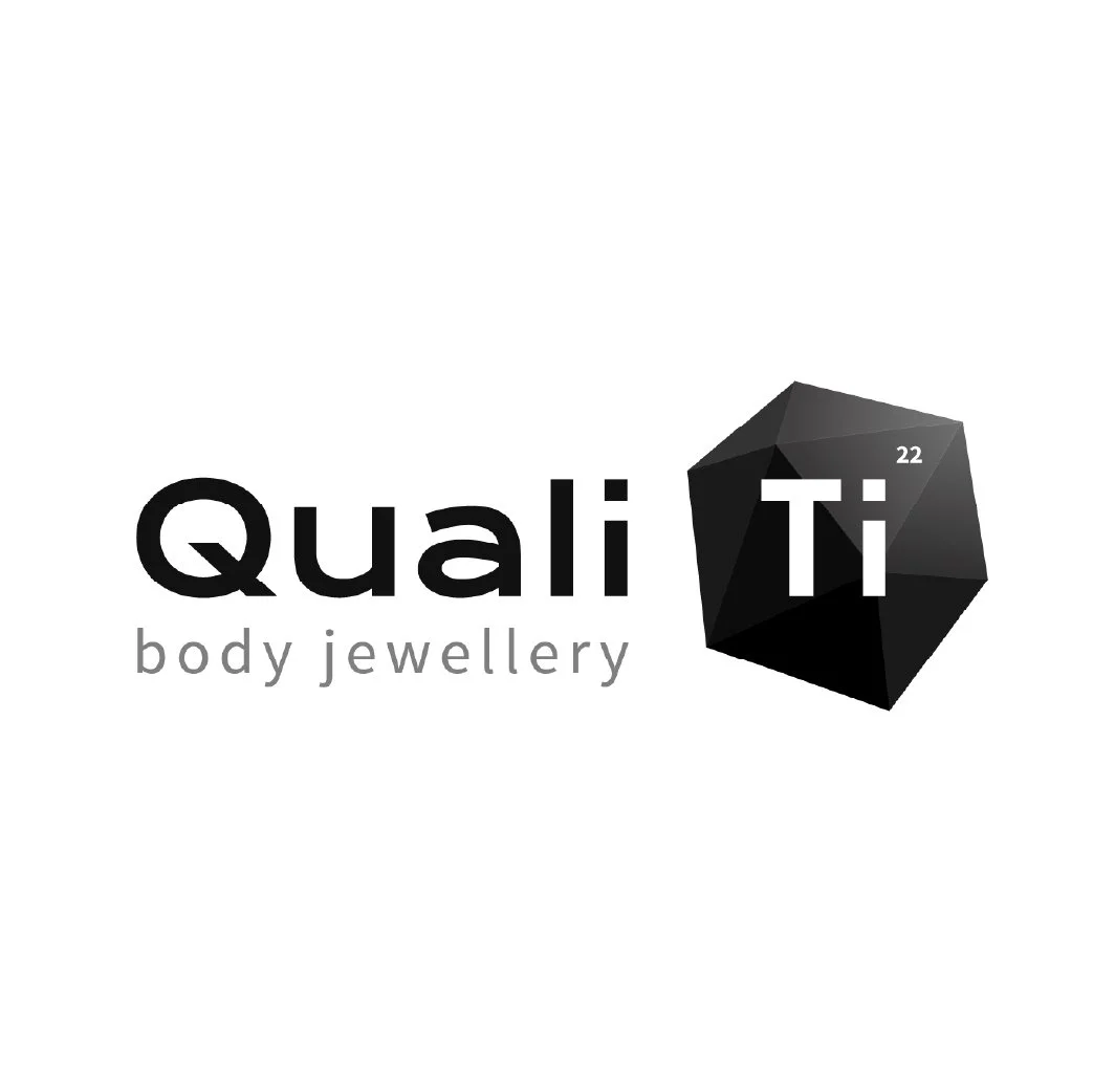 Logo for Quali Ti body jewellery featuring a black icosahedron with the number 22 and part of the business name and description.