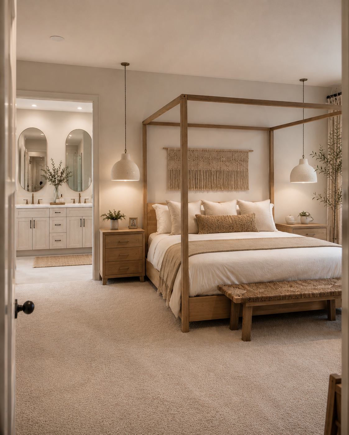 A cozy bedroom with a four-poster wooden bed, beige bedding, and decorative pillows. Two bedside tables with plants and framed photos. Pendant lights hang on either side of the bed. A macramé wall hanging decorates the wall above the bed. An entryway leads to a bathroom with double sinks, oval mirrors, and a potted plant.