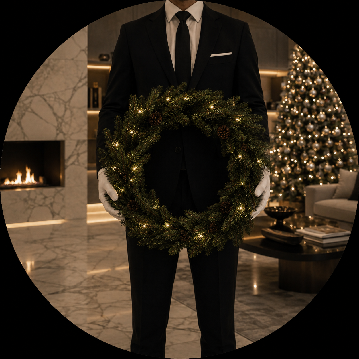 Person in a black suit and white gloves holding a decorated Christmas wreath in a festive room with a Christmas tree and fireplace.