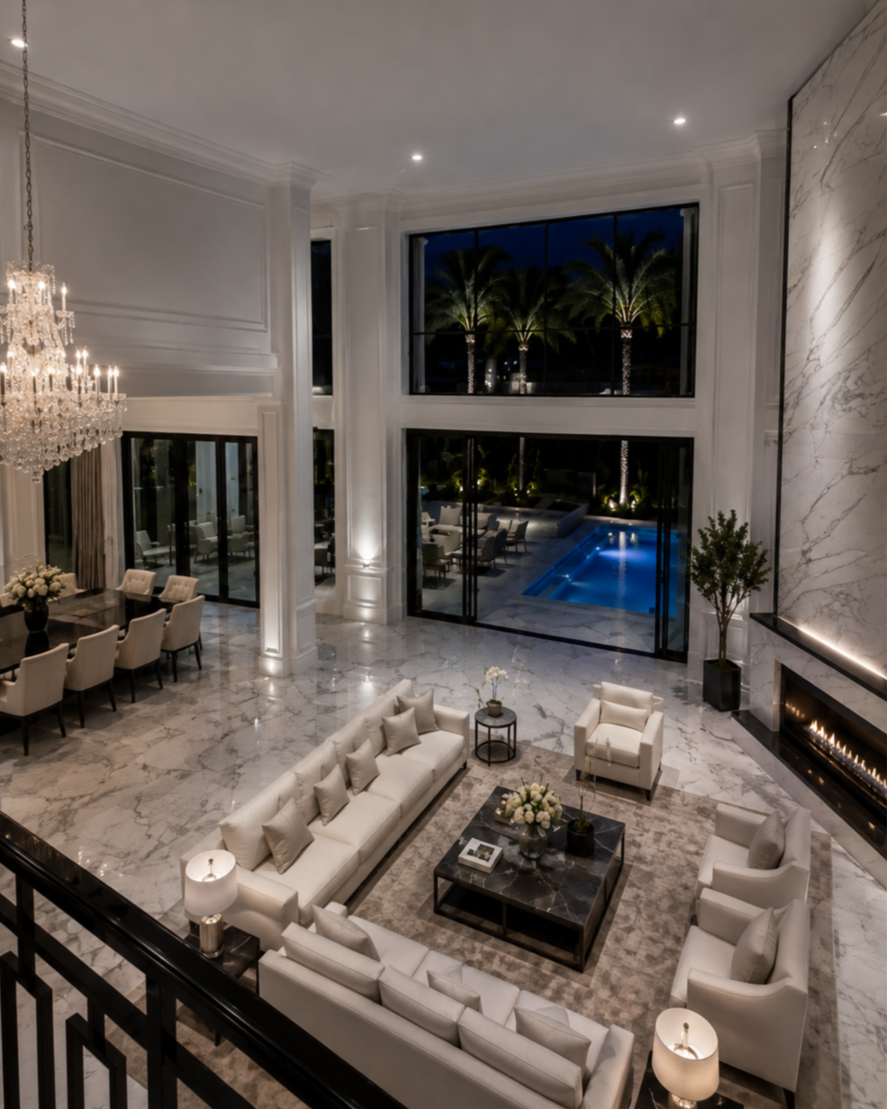 Luxurious living room with white couches, a chandelier, marble floors, large windows showing a pool and palm trees outside, and a modern fireplace.