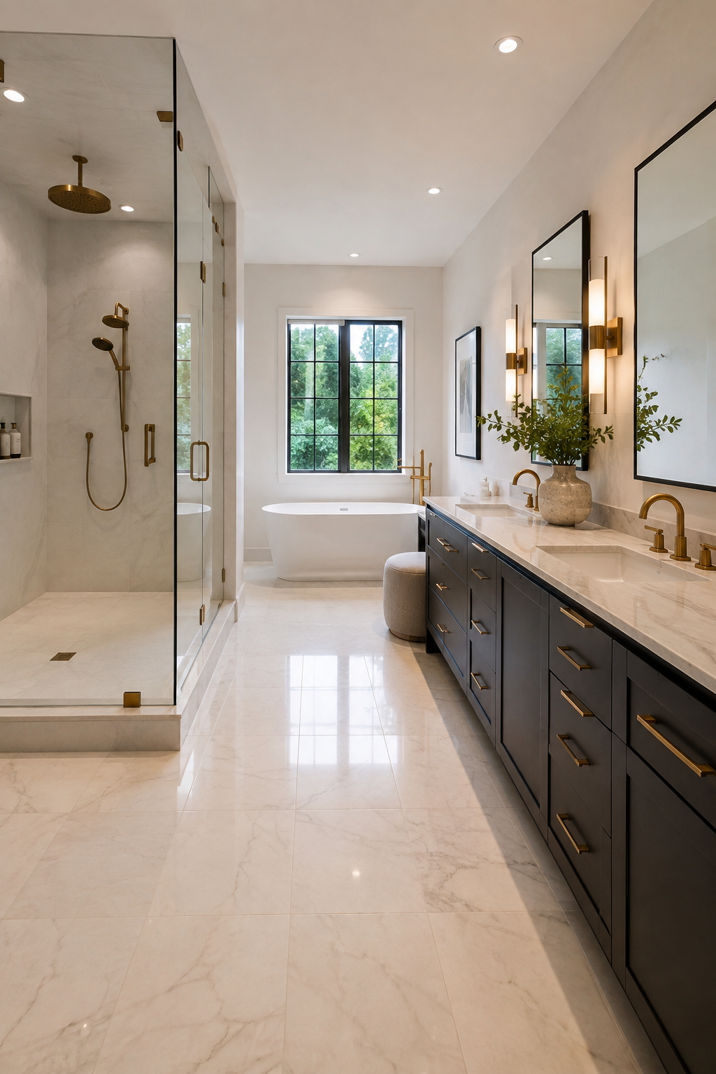 A luxurious bathroom with a double vanity, large mirrors, and modern gold fixtures. A bathtub is positioned under a window, and a separate glass-enclosed shower with gold fixtures is on the left. The room features white marble flooring and a neutral color palette, with greenery in a large vase on the countertop.