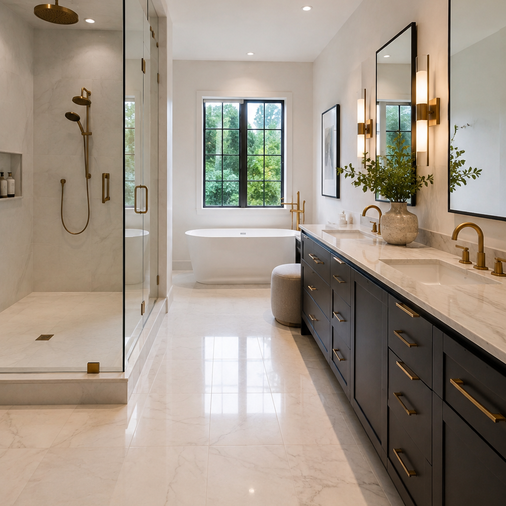 Modern bathroom featuring a walk-in shower with gold fixtures, a white bathtub by a window with a view of greenery, a black double-sink vanity with gold hardware, two large mirrors, pendant lights, and a vase with green foliage on the vanity.