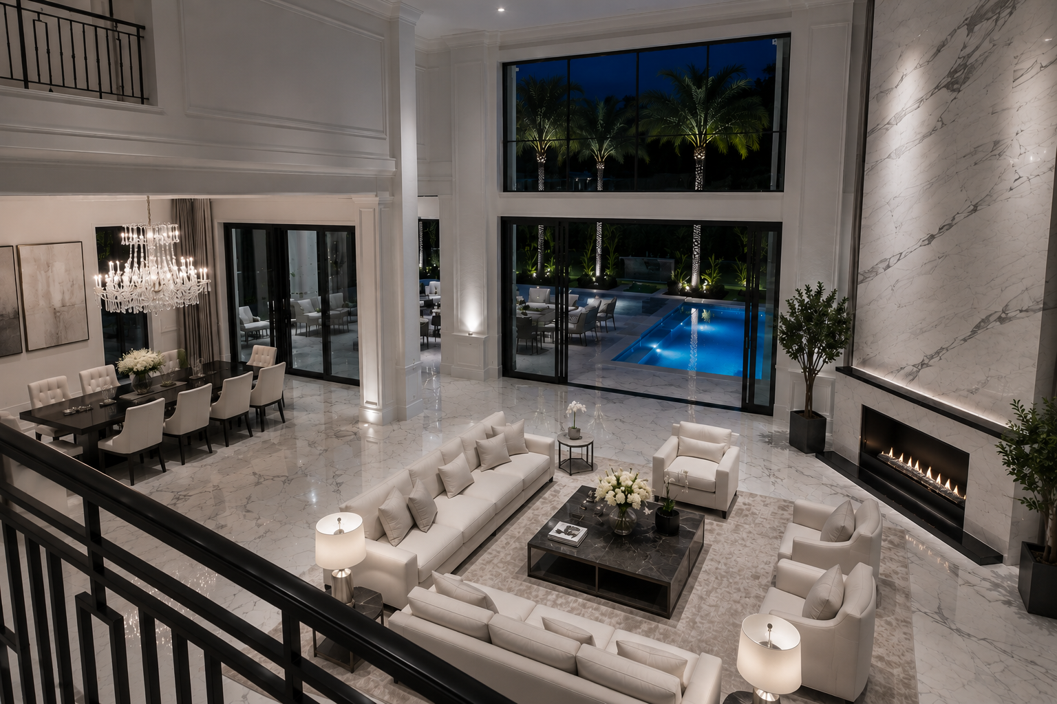 Luxurious modern living room with white sofas, a coffee table with floral arrangements, a marble fireplace, and large windows showing an outdoor pool and patio area at night.