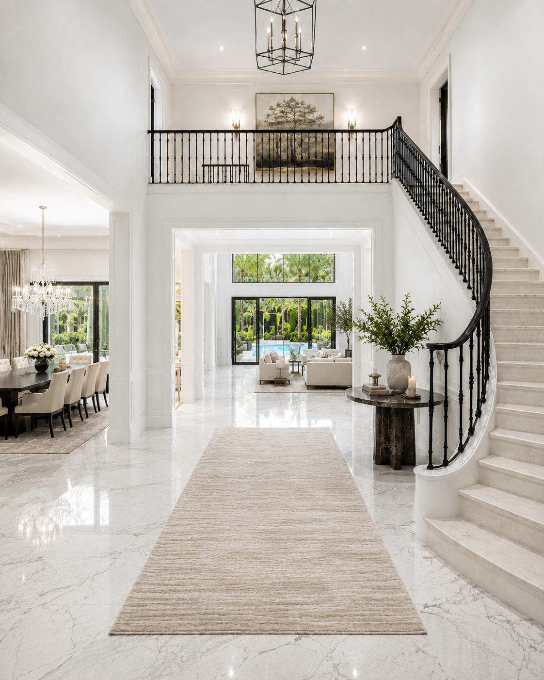 Elegant, spacious foyer with white marble floors, a beige rug, a staircase with black railing, and large windows showing a garden and pool outside.