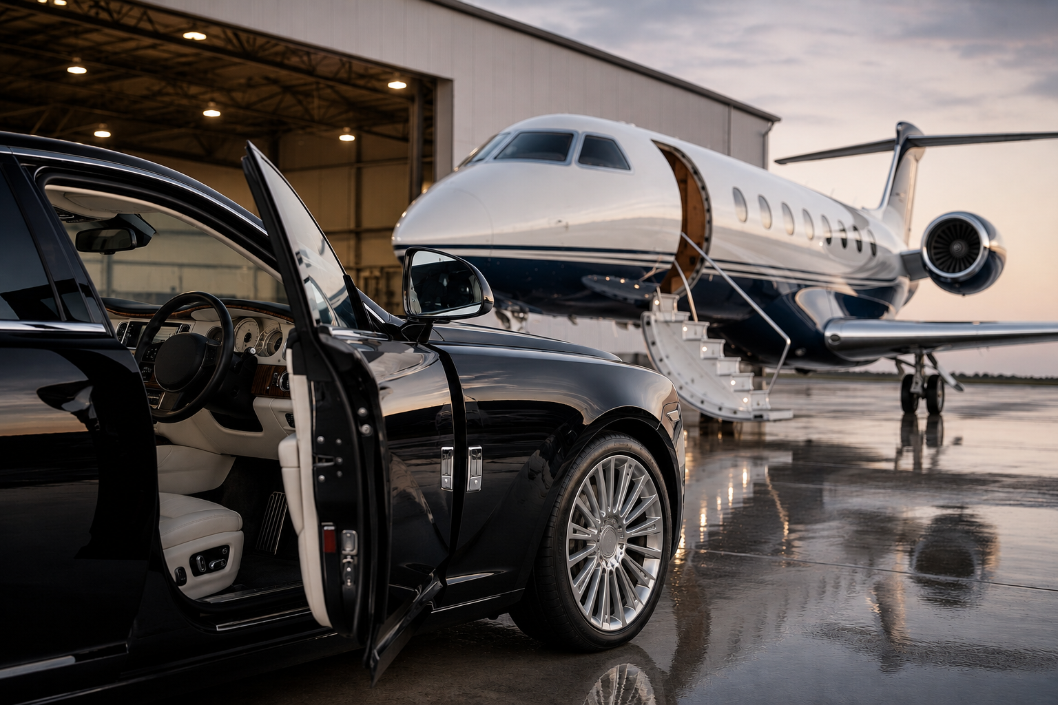 A black luxury car with its driver's side door open, parked on a wet tarmac near a private jet, with an airport hangar in the background during dusk.