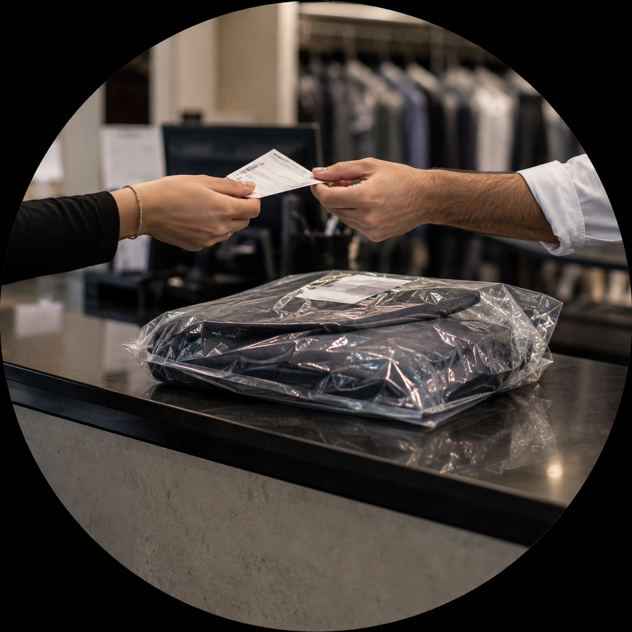 A person in a black shirt is handing a receipt to another person in a white shirt at a counter in a retail store, with an ordered package wrapped in plastic on the counter.