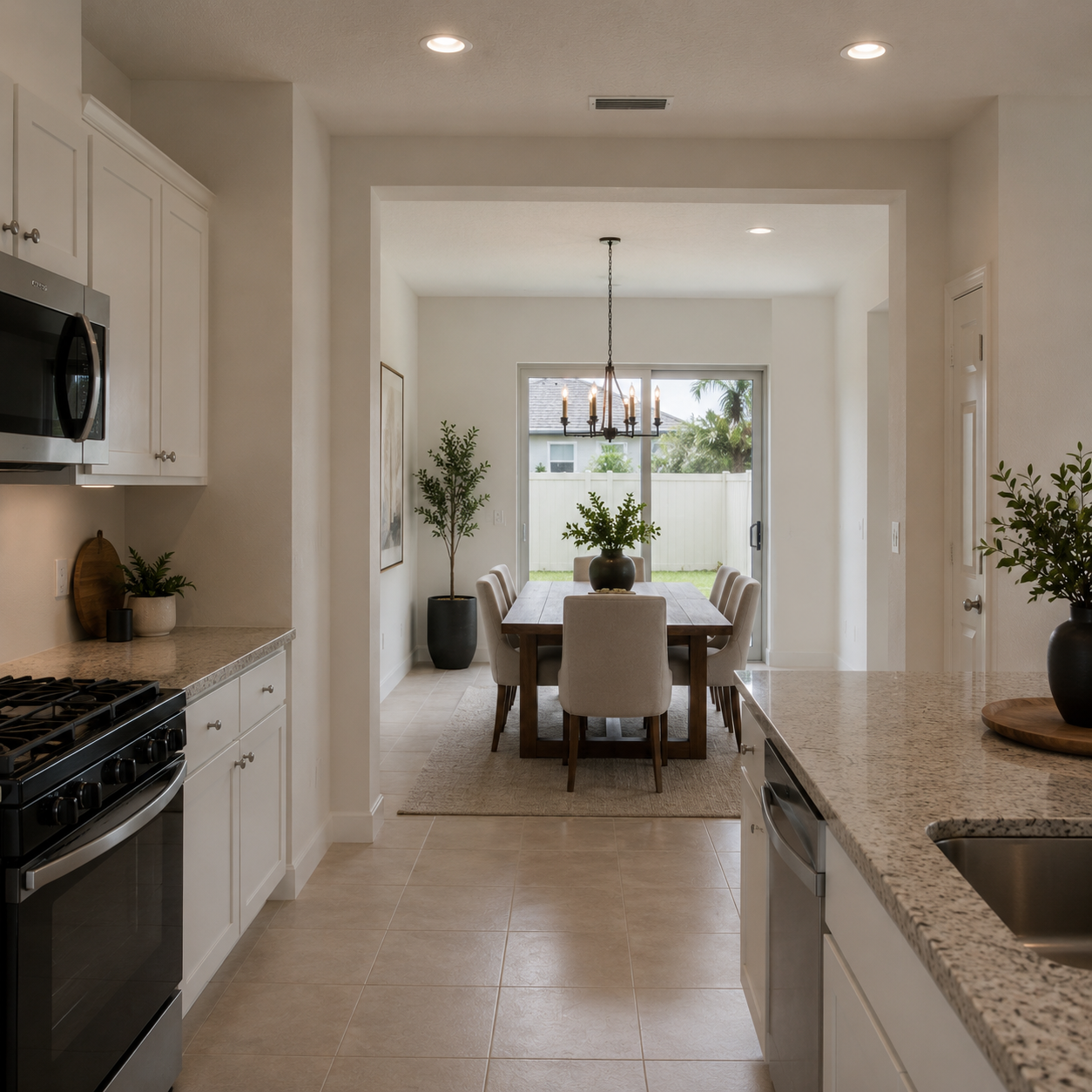 A kitchen and dining area with white cabinets, granite countertops, a stainless steel stove, microwave, and dishwasher. The dining area has a wooden table with eight beige chairs, a potted plant on the table, a picture on the wall, and large sliding glass doors leading to a backyard with a white fence and palm trees. A chandelier hangs above the table.